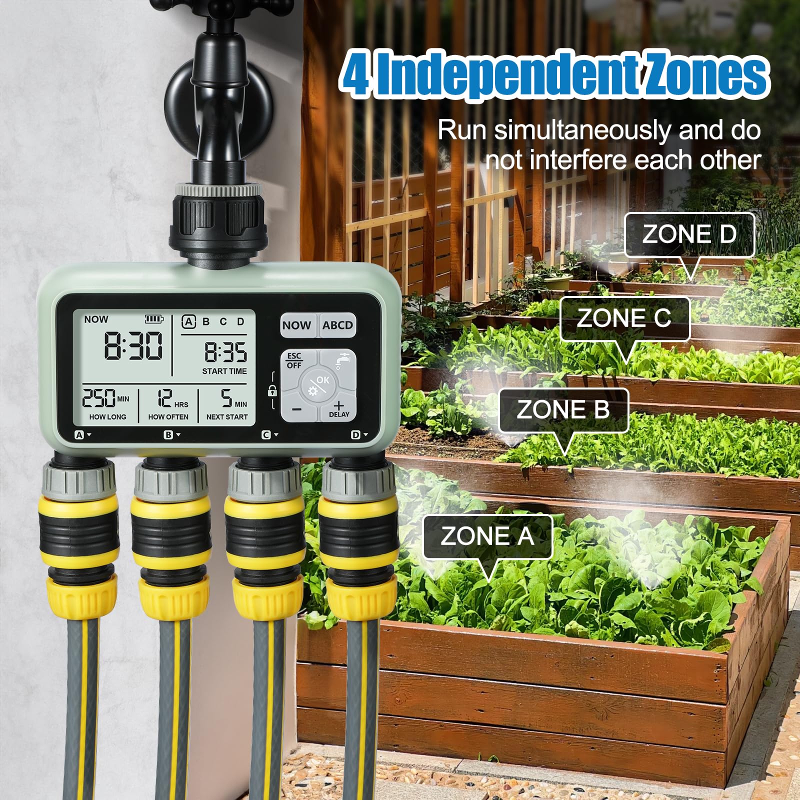 CROSOFMI Programador Riego Automatico Jardin Temporizador Riego con 4 Salidas Independientes Pantalla LCD/Operación fácil/Bloqueo para niños/Retraso por Lluvia intensa/Riego Manual