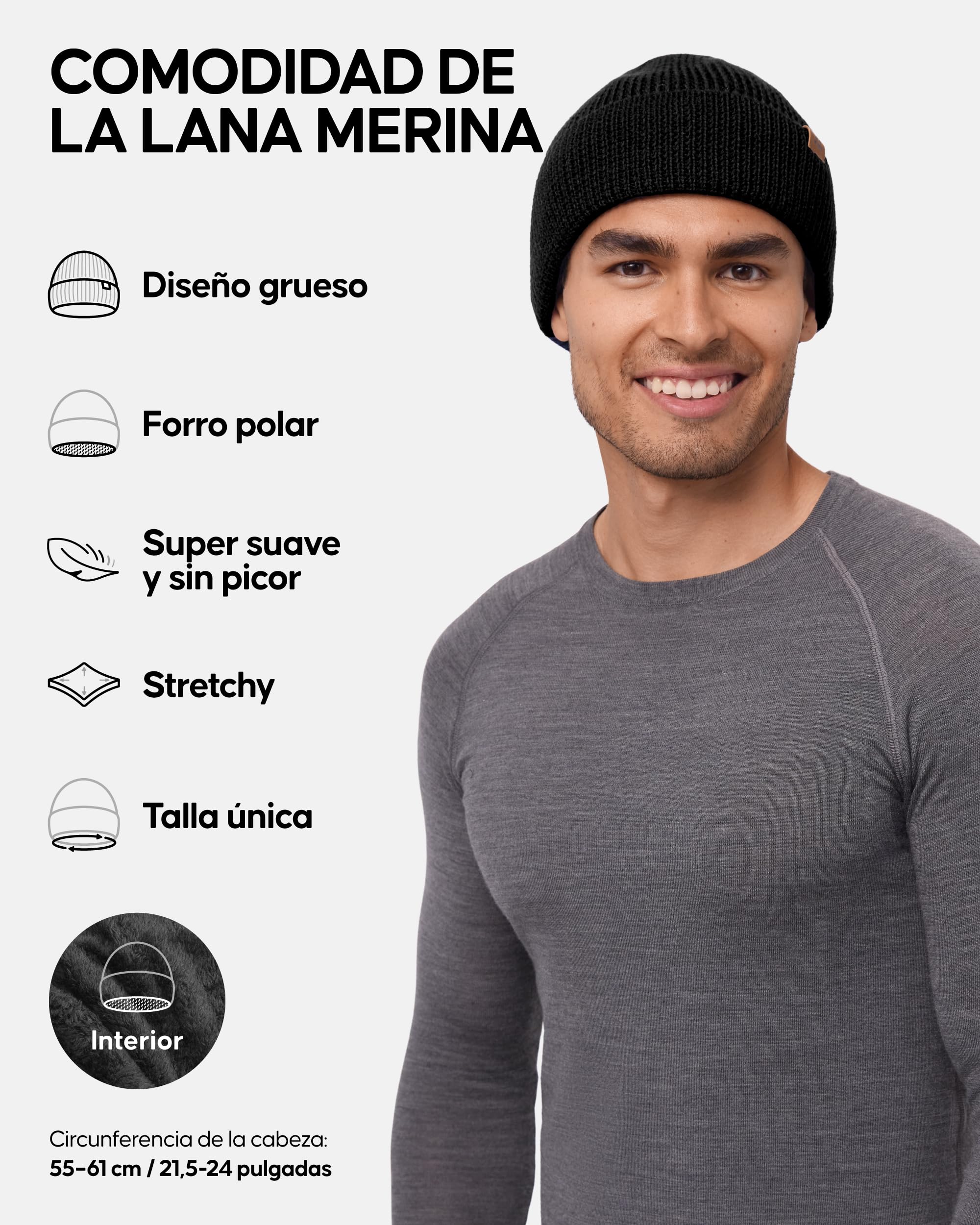 DANISH ENDURANCE Gorro Lana Merino Hombre con Forro Polar, Gorro de Punto, Gorro Invierno Hombre y Mujer