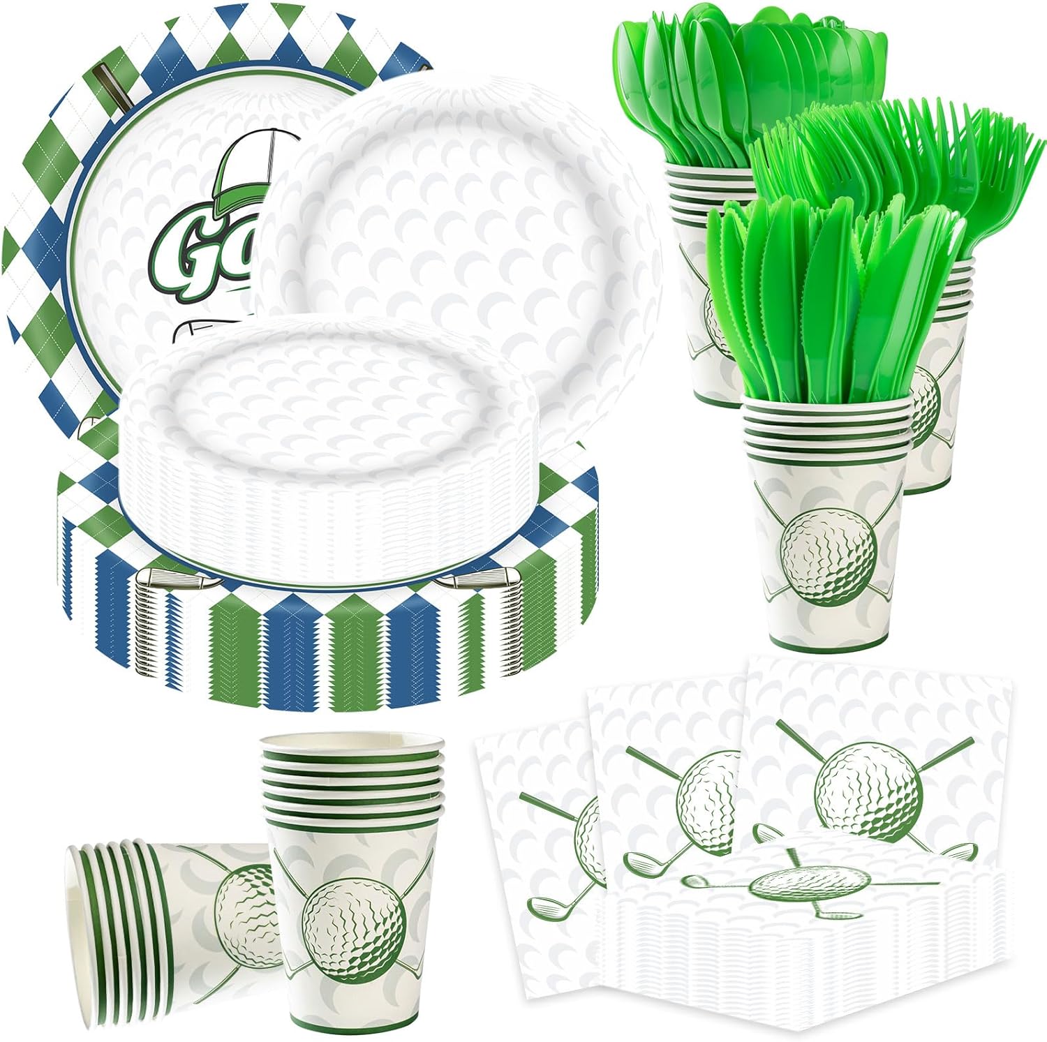 Golf Party Decorations Set for 50 Guests, 350 Pieces, Plates, Cups, Napkins, Cutlery, Green and White
