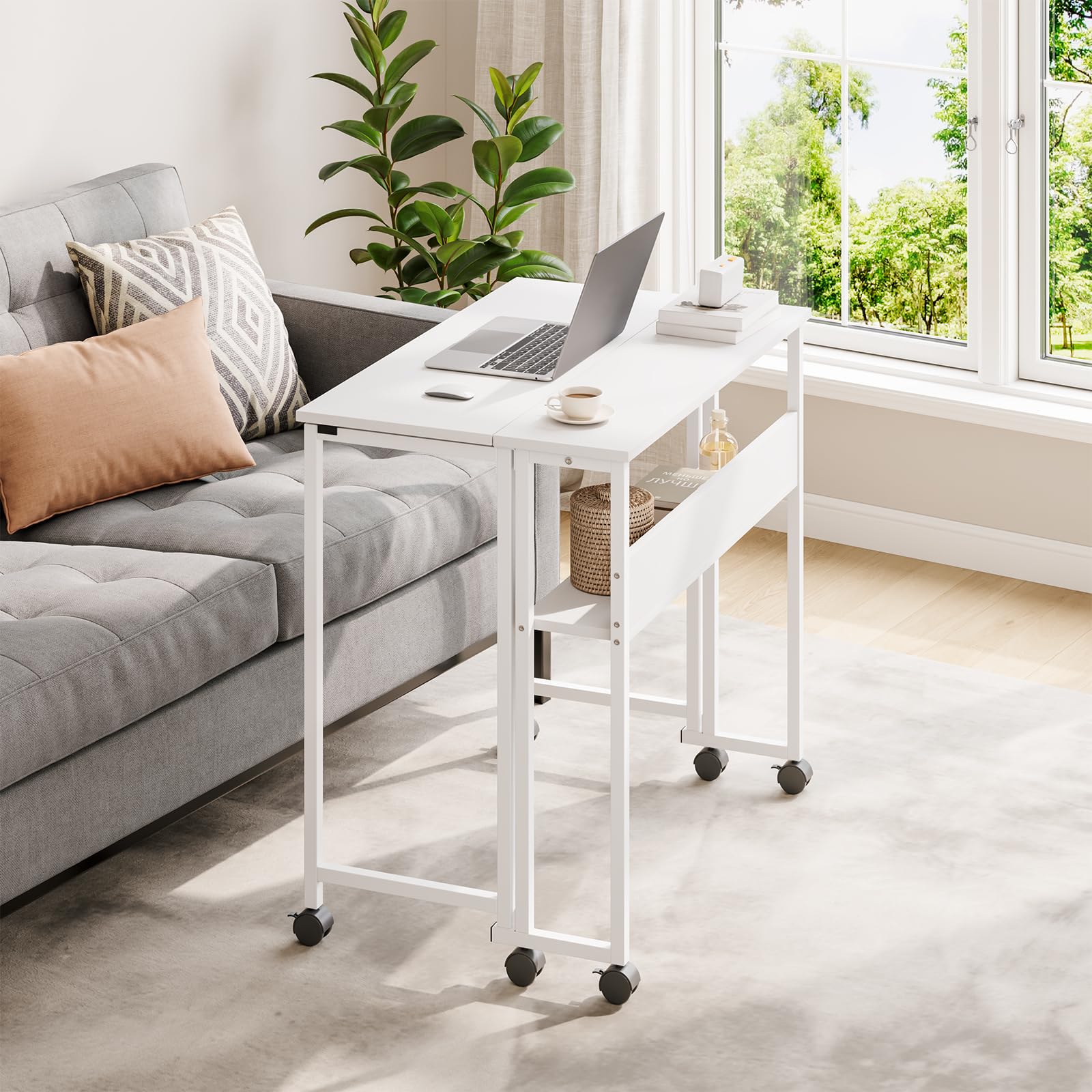 Dripex Klapptisch mit Rollen 80x50 cm, Platzsparender Klappschreibtisch Computertisch Faltbar Tisch mit Stauraum, Schreibtisch Klappbar für Homeoffice Arbeitszimmer, Weiß