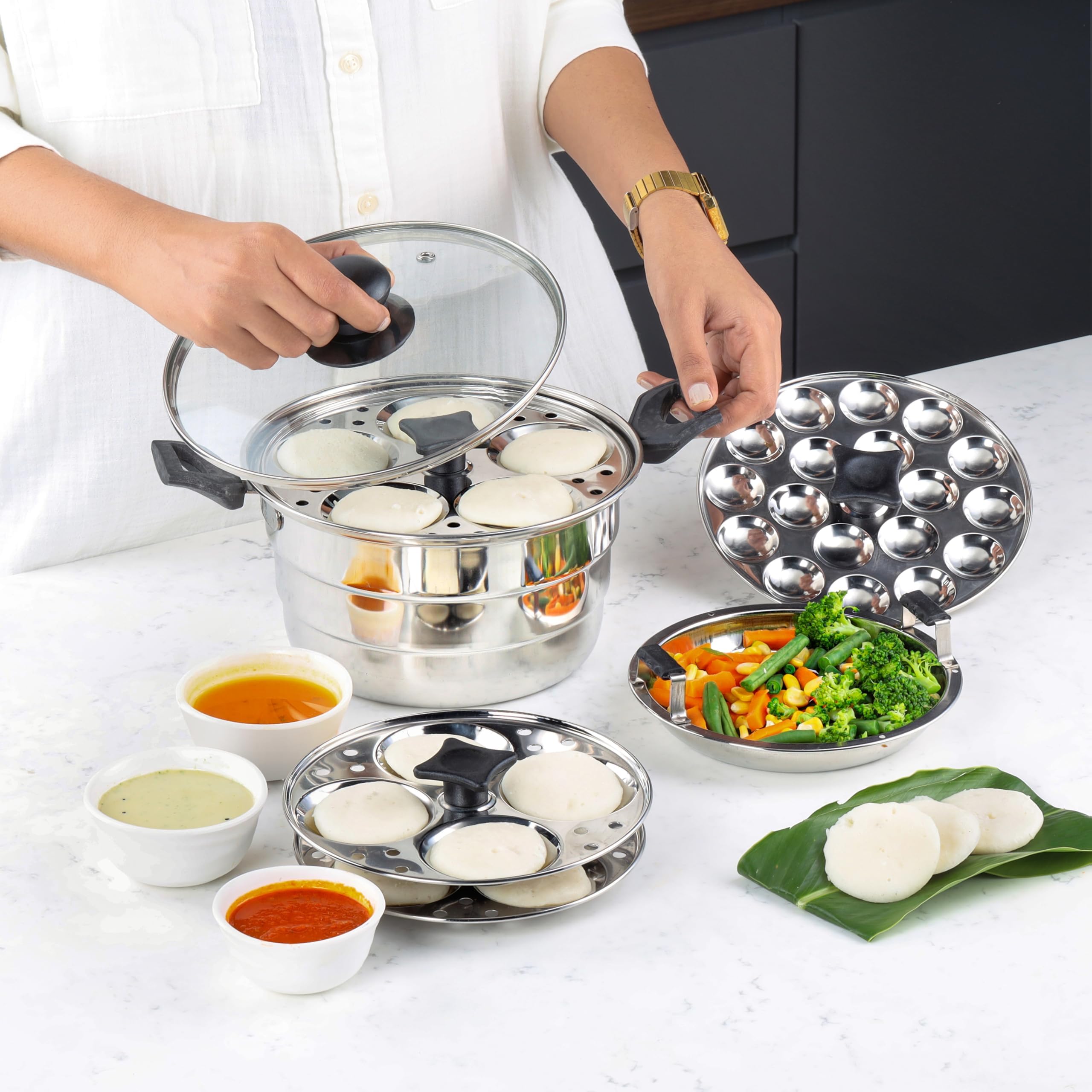 CELLO Aroma Stainless Steel Idli Pot with Glass Lid 22 CM, 3.5 liter, Silver |Multi Plates Kadhai Steamer, Idli Maker |Induction & Gas Stove Compatible|Perfect For Dhokla, Patra, Idli, Momos