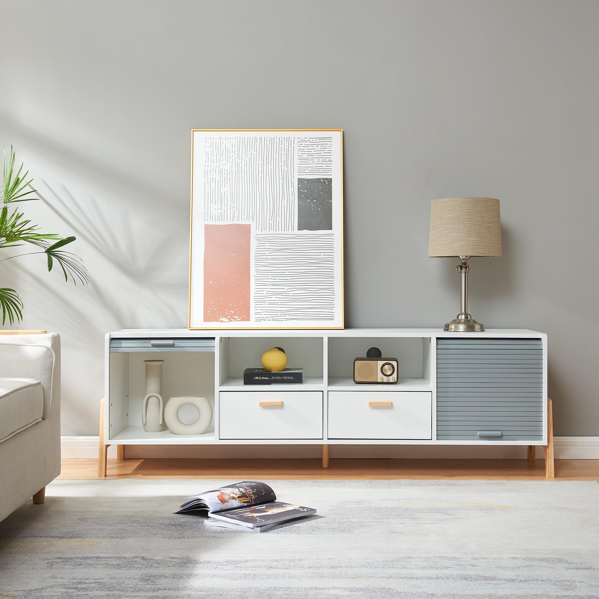[en.casa] TV Schrank Kvaefjord Lowboard mit 2 Schubladen und 2 Jalousietüren Fernsehschrank 160 x 40 x 52 cm TV Board Fernsehtisch Weiß/Grau