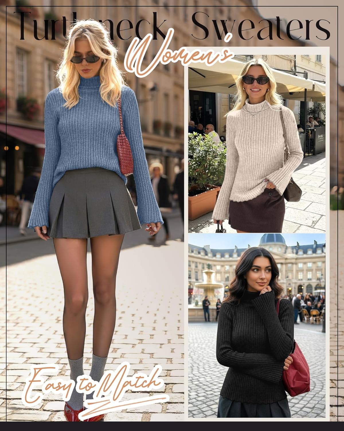 3 Pack Women's Turtleneck Sweaters Ribbed Knitted Bell Long Sleeve Pullover Shirt Basic Tops Fall Winter(Haze Blue, Apricot, Black,XX-Large) - Image 2