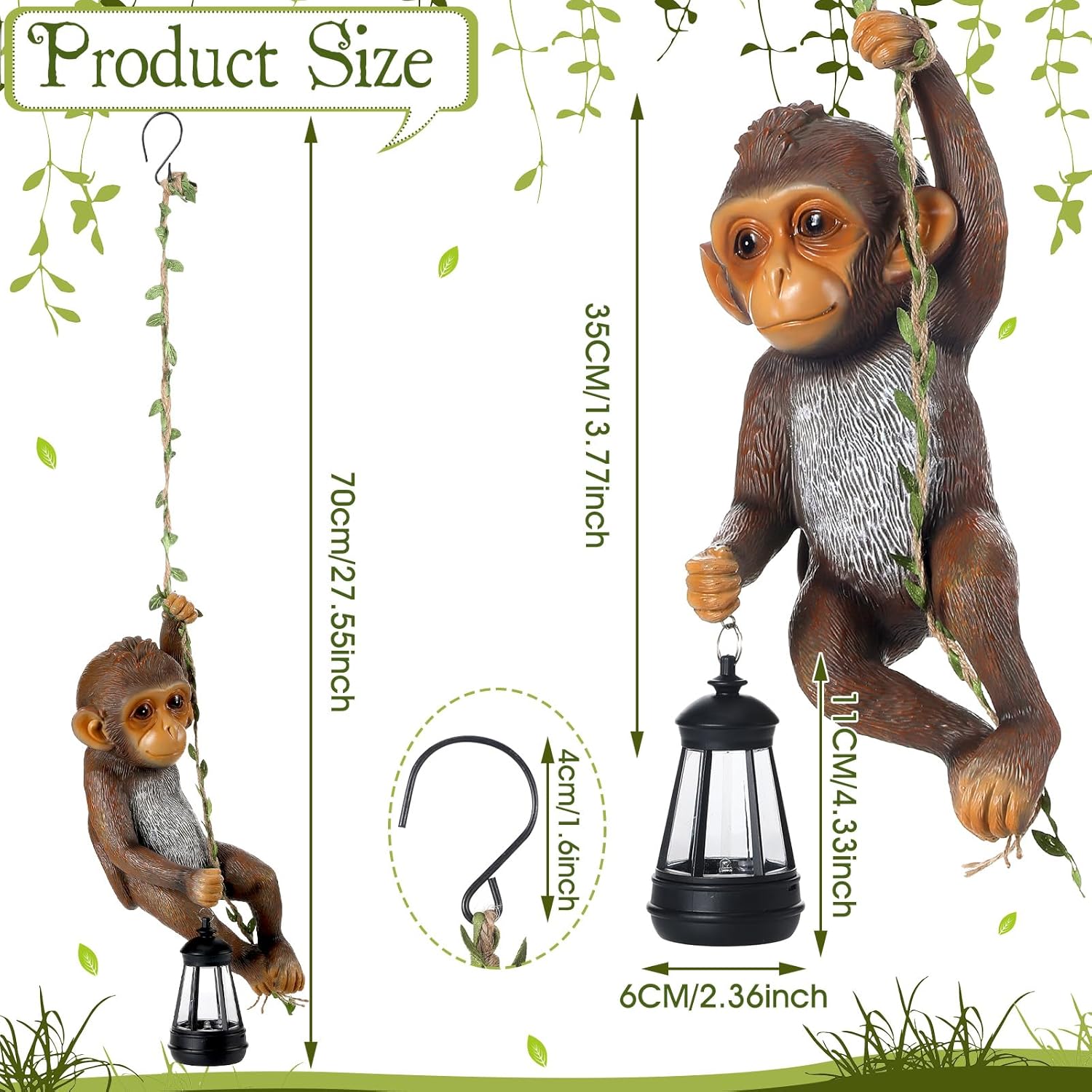 Rossesay Solar Light Outdoor Monkey Statues Brown 13.78 Inch Resin Chimpanzee Baby Monkey Climbing on Vine with LED Lantern Waterproof Hanging Figurine with Hook for Yard Garden Wall