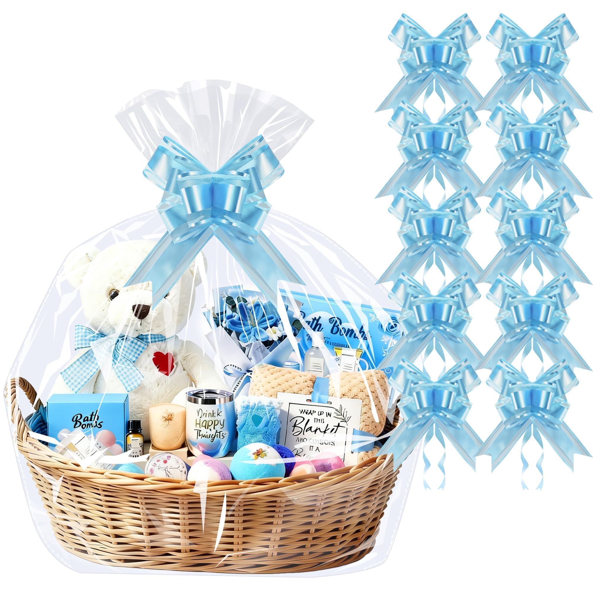 PigPotParty Cellophane Bags for Gift Baskets, 30x40 in, 10 Pack, Blue Bows