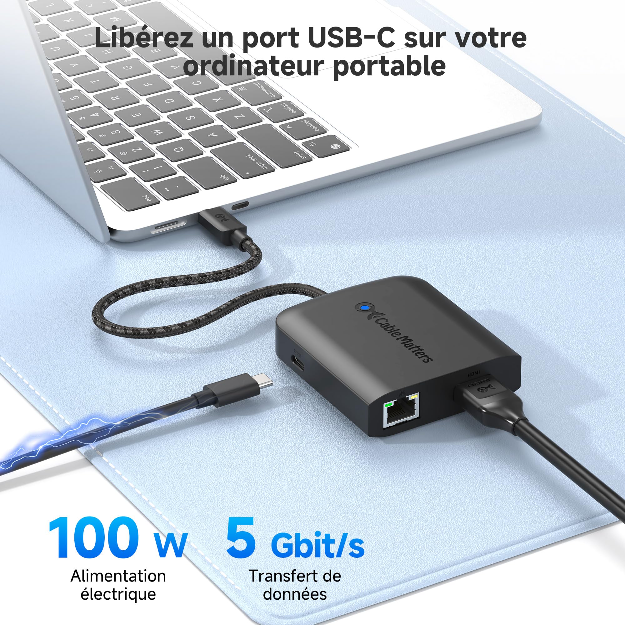 Cable Matters Hub USB-C 8K HDMI 2.1, Dock USB-C HDMI, Noir | 8K@30Hz / 4K@120Hz, Ethernet Gigabit, charge USB PD 100 W, transfert de données 5 Gbit/s, noir