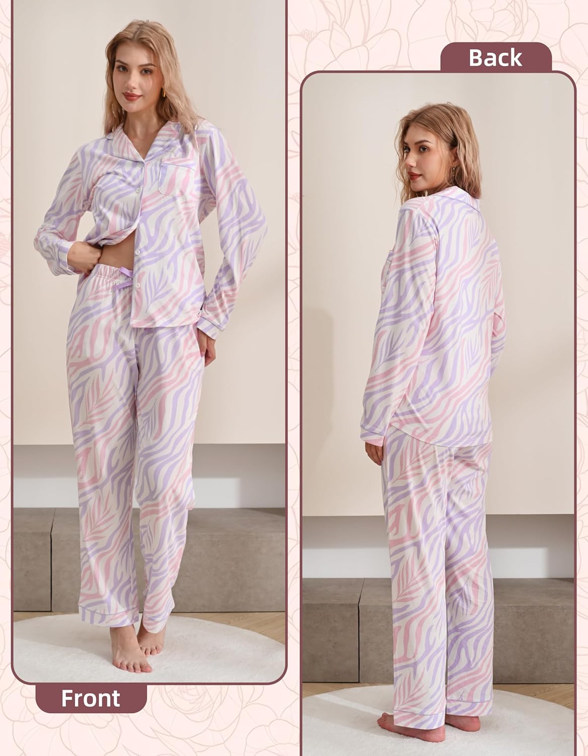100% Cotton Pajamas for Women 2 Piece PJs Set Colorful Zebra L Long Sleeve with 3 Pockets Sleepwear (CBMW,L) - Image 2