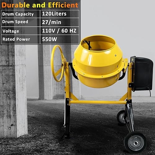 Miniatura 3 de Mezclador de cemento de hormigón portátil de 4.2 pies cúbicos, máquina mezcladora eléctrica de 3/5 Hp con rueda y máquina de carretilla