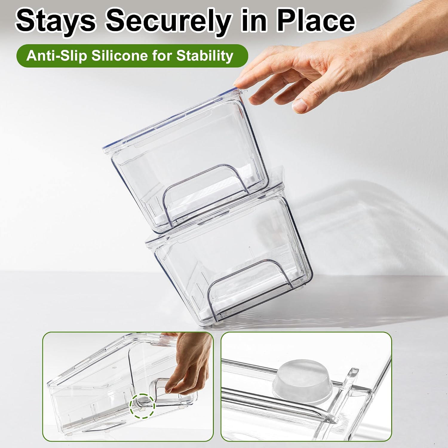 ANDGOO Pull-Out Fridge Organizer Bins, 4-Pack, Drain Tray, Clear