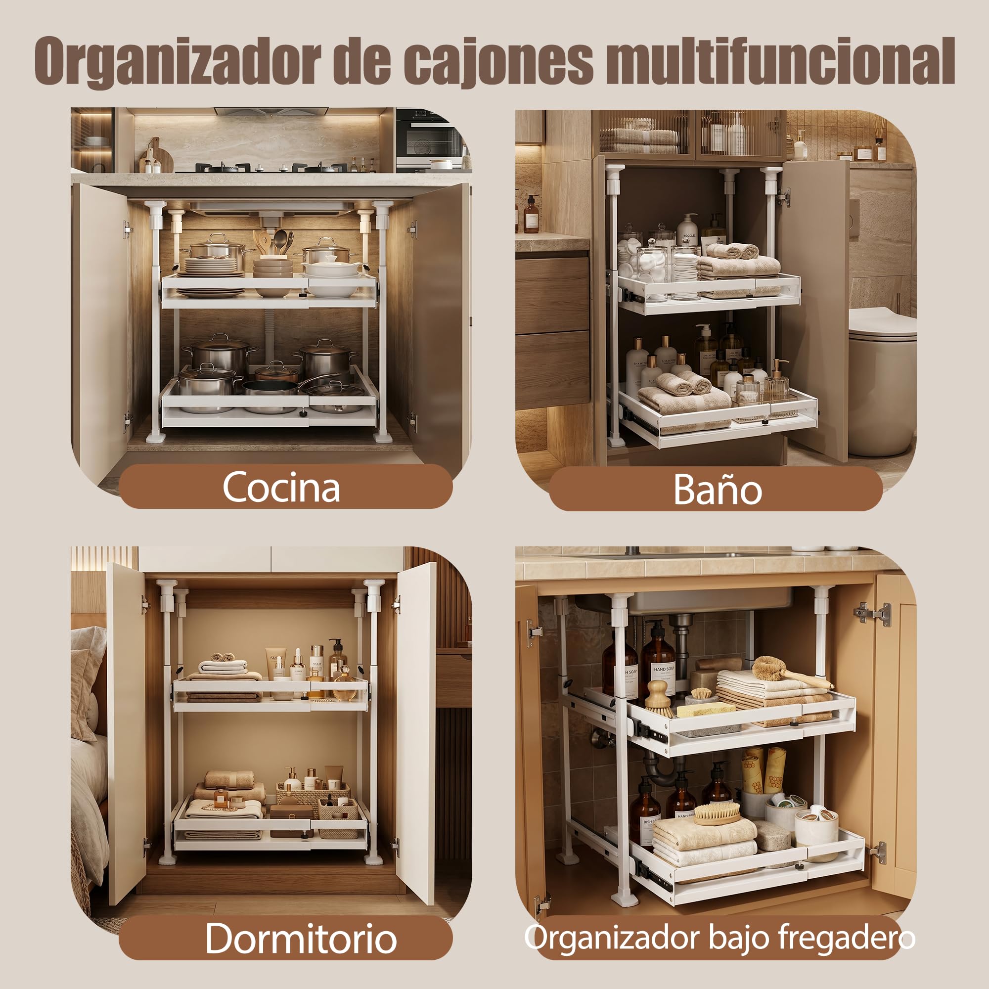 AQRA Pack 2 Cajones Telescópicos Metálicos sin Taladrar, Blanco | Altura 52,5–93cm, Ancho Regulable 33–52cm, Organizador Para Armarios de Cocina y Baño