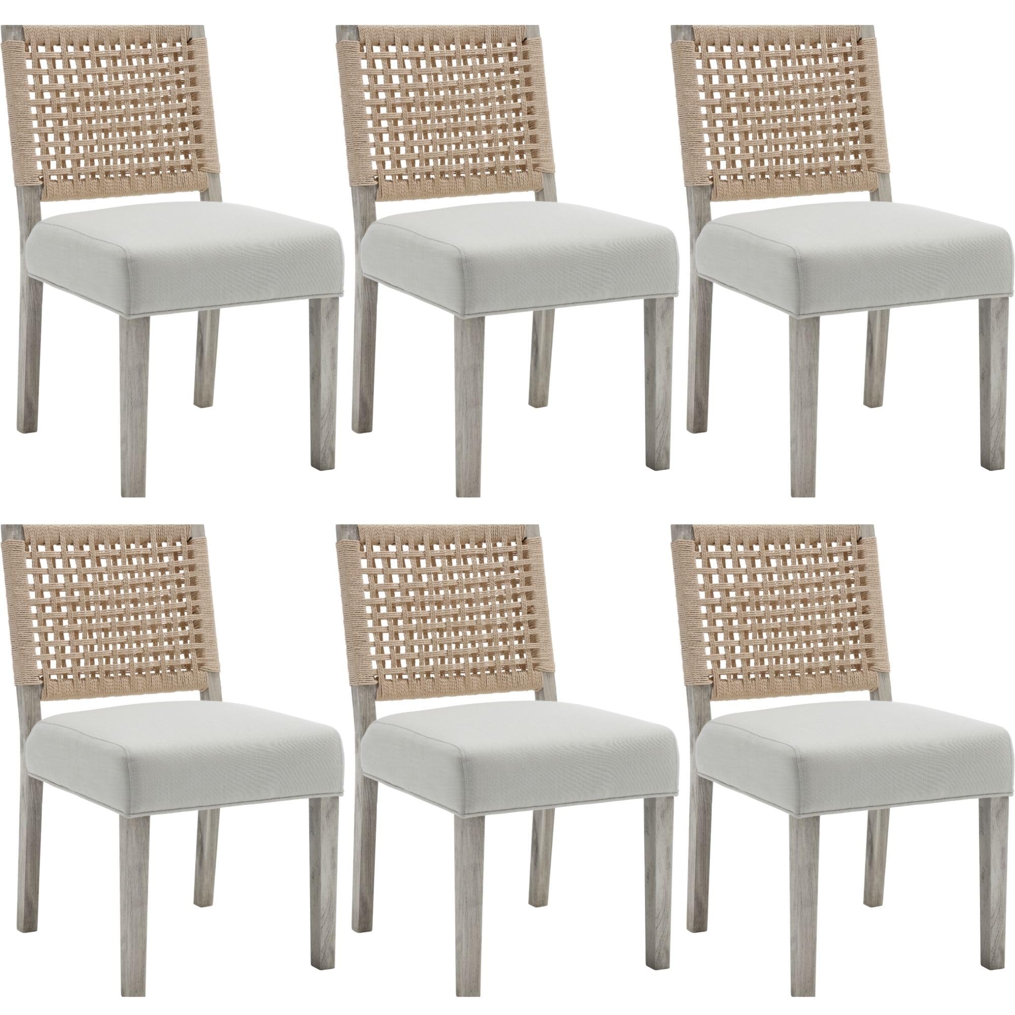 DM FurnitureModern Farmhouse Dining Chairs Set of 6, Linen Kitchen Chairs with Rattan Back, Upholstered Solid Wood Accent Side Host Chair for Dining Room/Restaurant/Dinner, Ivory