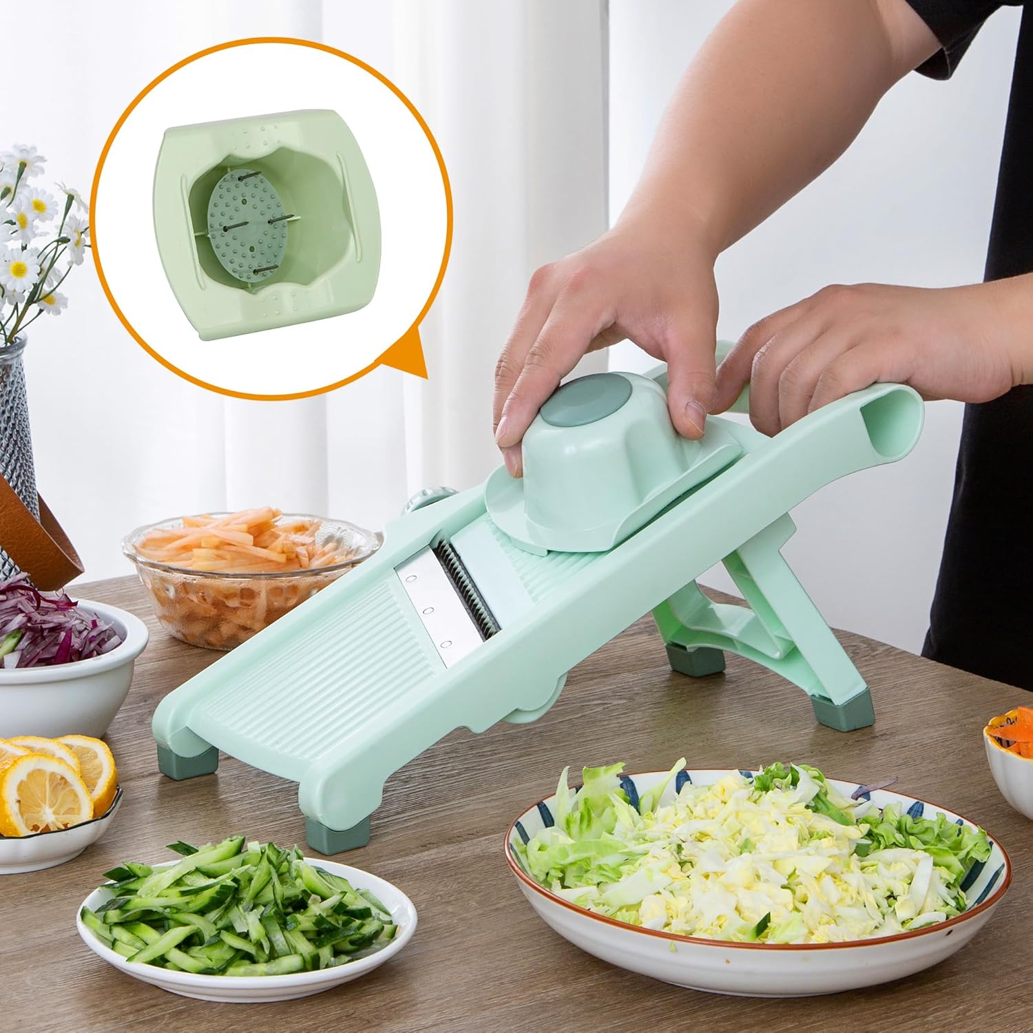 Adjustable Safe Mandoline Slicer for Kitchen, Stainless Steel Multifunction Vegetable & Fruit Cutter, Onion Potato Tomato Cabbage Apple Lemon Slicer Cutter, Multipurpose Veggie Slicer.