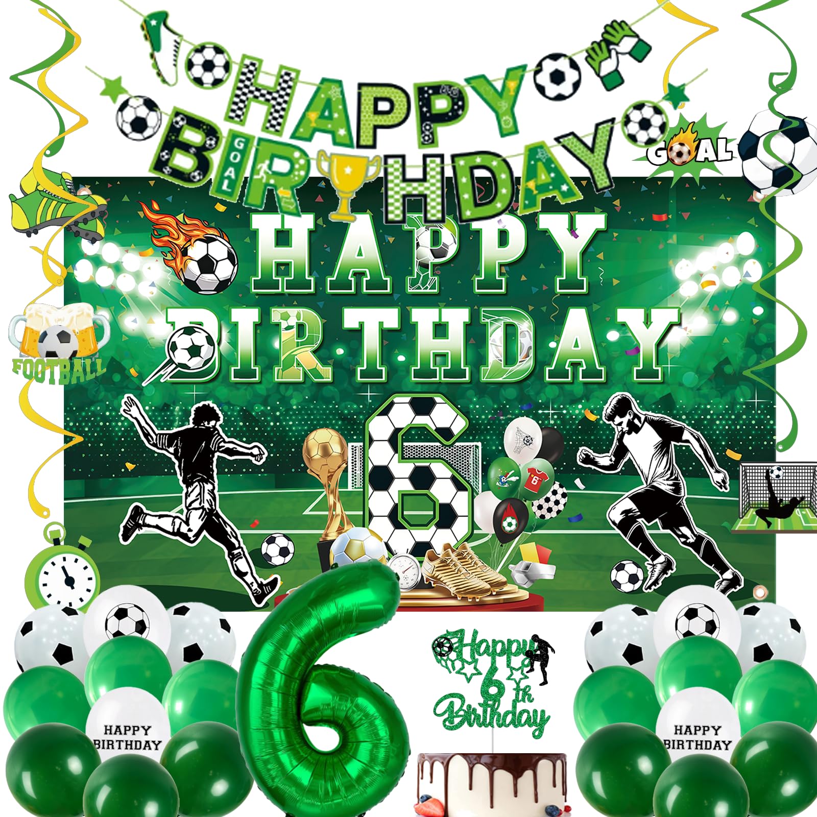 6th Football Theme Birthday Party Decorations - 30pcs Green Soccer Party Supplies with Latex Balloons, Birthday Banner, 32inch Number 6 Foil Balloon, 110x180cm Backdrop, Hanging Swirls for Boy