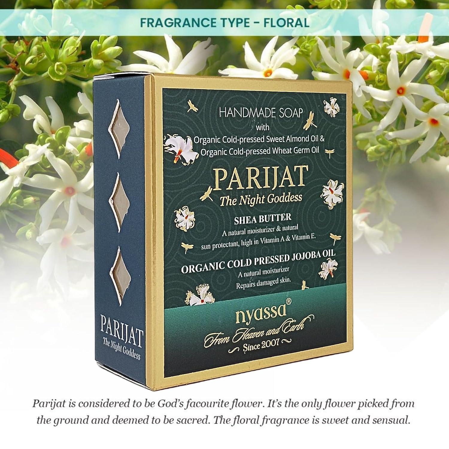 Nyassa Parijat Night Blooming Jasmine Handmade Soap 150gm with Turmeric and Shea Butter. Paraben Free, Cruelty Free and 100% Vegetarian.