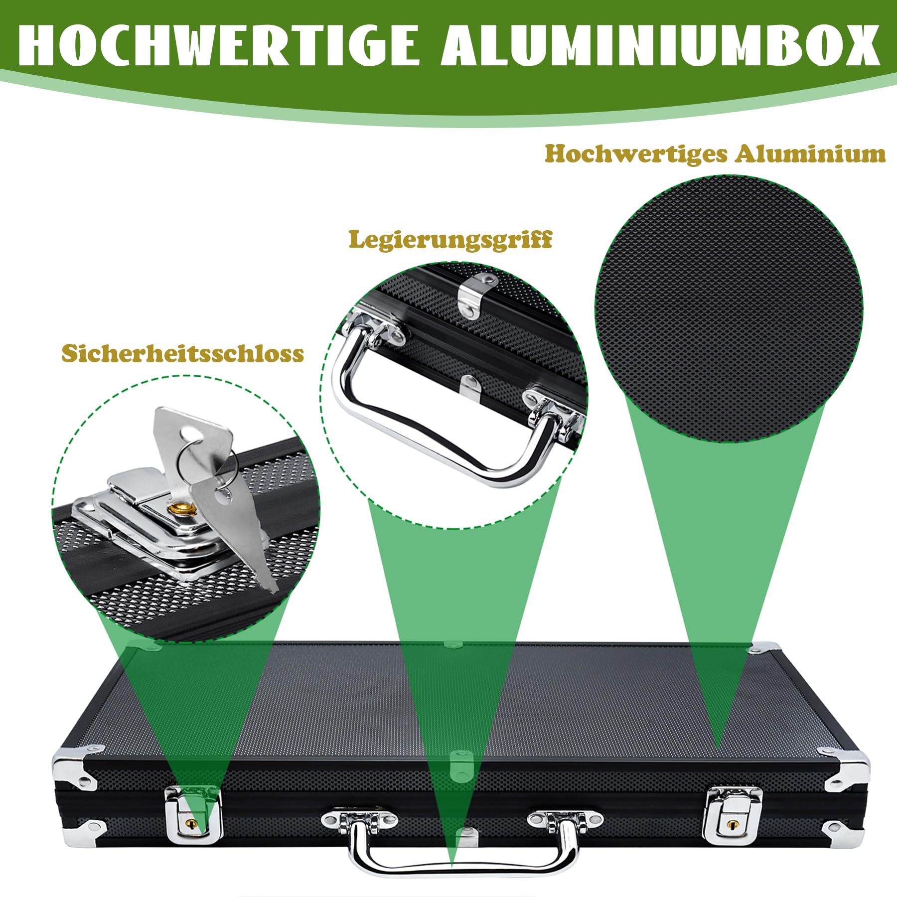 SUBTLETY Pokerkoffer Pokerset mit Aluminium Gehäuse 500 Laser Pokerchips Professionelle Poker Set inkl. 2X Pokerdecks, 3X Dealer Button, 5X Würfeln, 2X Schlüssel (Schwarz)