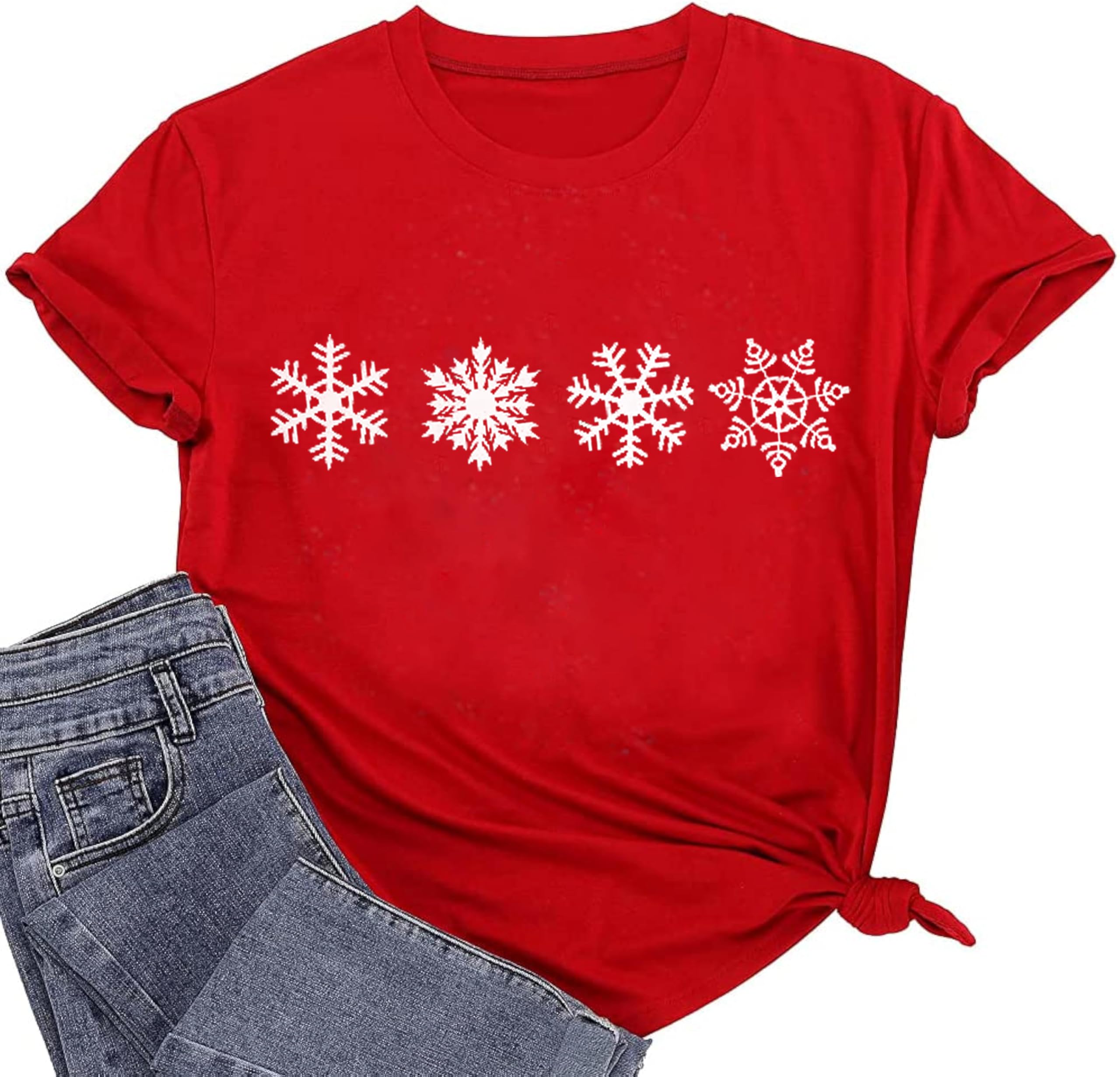 Merry Christmas Shirts for Women Funny Snowflake Graphic Print Holiday T Shirt Winter Casual Short Sleeve Xmas Tee Tops