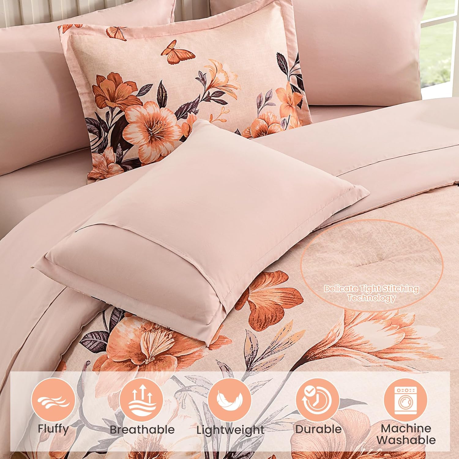 Floral Comforter Set Queen Size,7 Piece Orange Bed in a Bag, Elegant Flower Pattern Comforter Set with Sheet, Soft Microfiber Complete Bedding Sets for All Season - Image 5