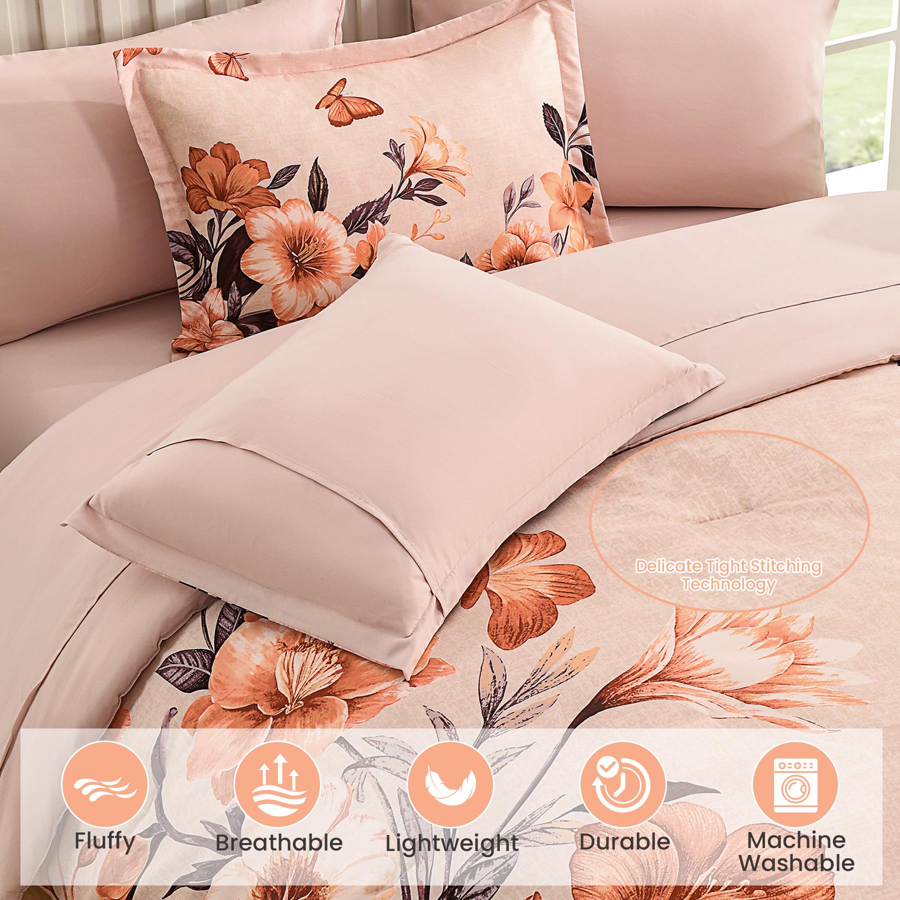 Juego de edredón floral tamaño King, 7 piezas de cama naranja en una bolsa, elegante juego de edredón con patrón de flores con sábana, juegos completos de microfibra suave para todas las 5