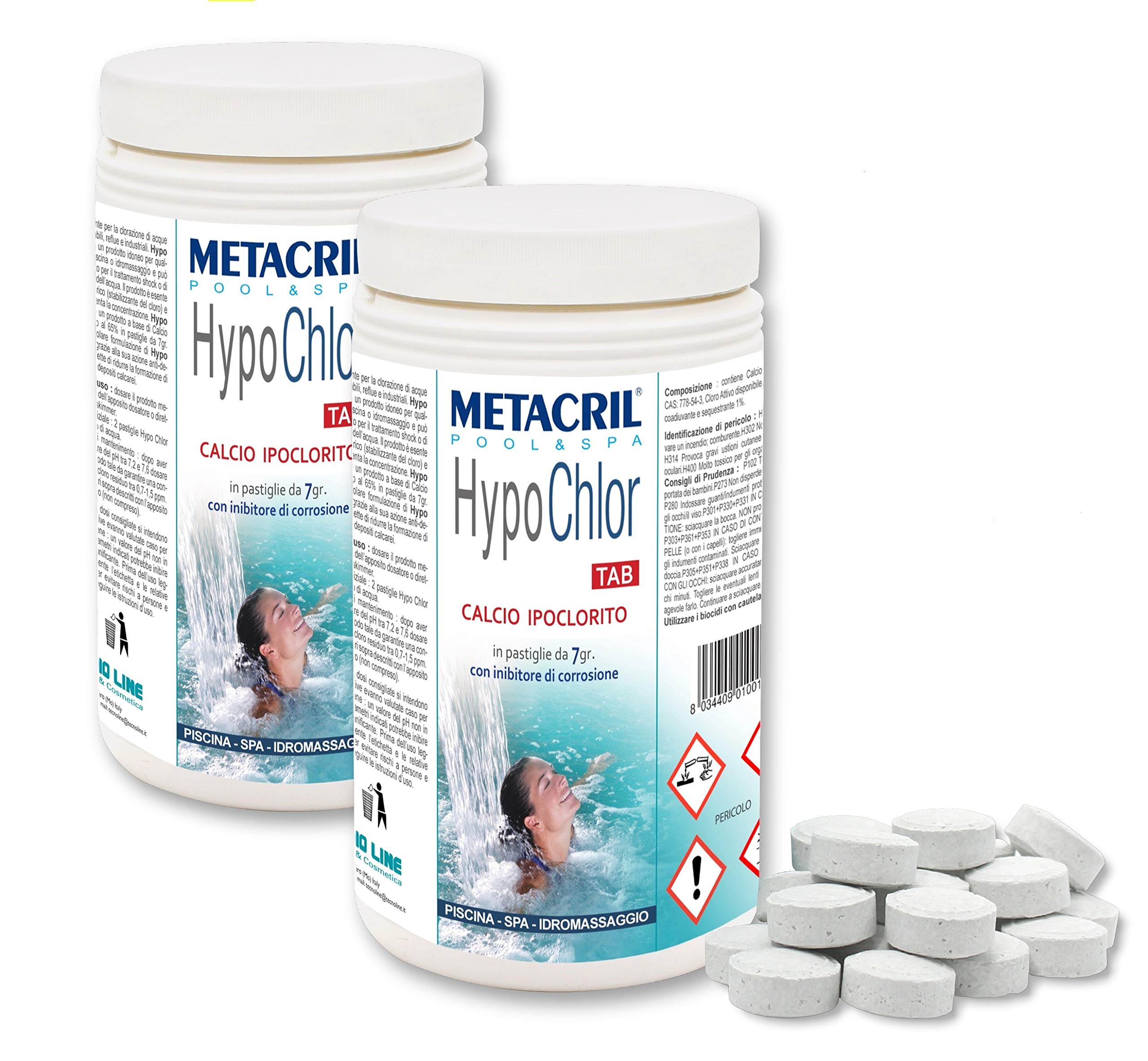 Metacril HYPOCHLOR TAB, in Pastiglie da 7gr, per Piscina e Spa - (1+1) 2 Kg | Calcio Ipoclorito 65%, per il mantenimento dell'Acqua di Piscina e Spa Idromassaggio
