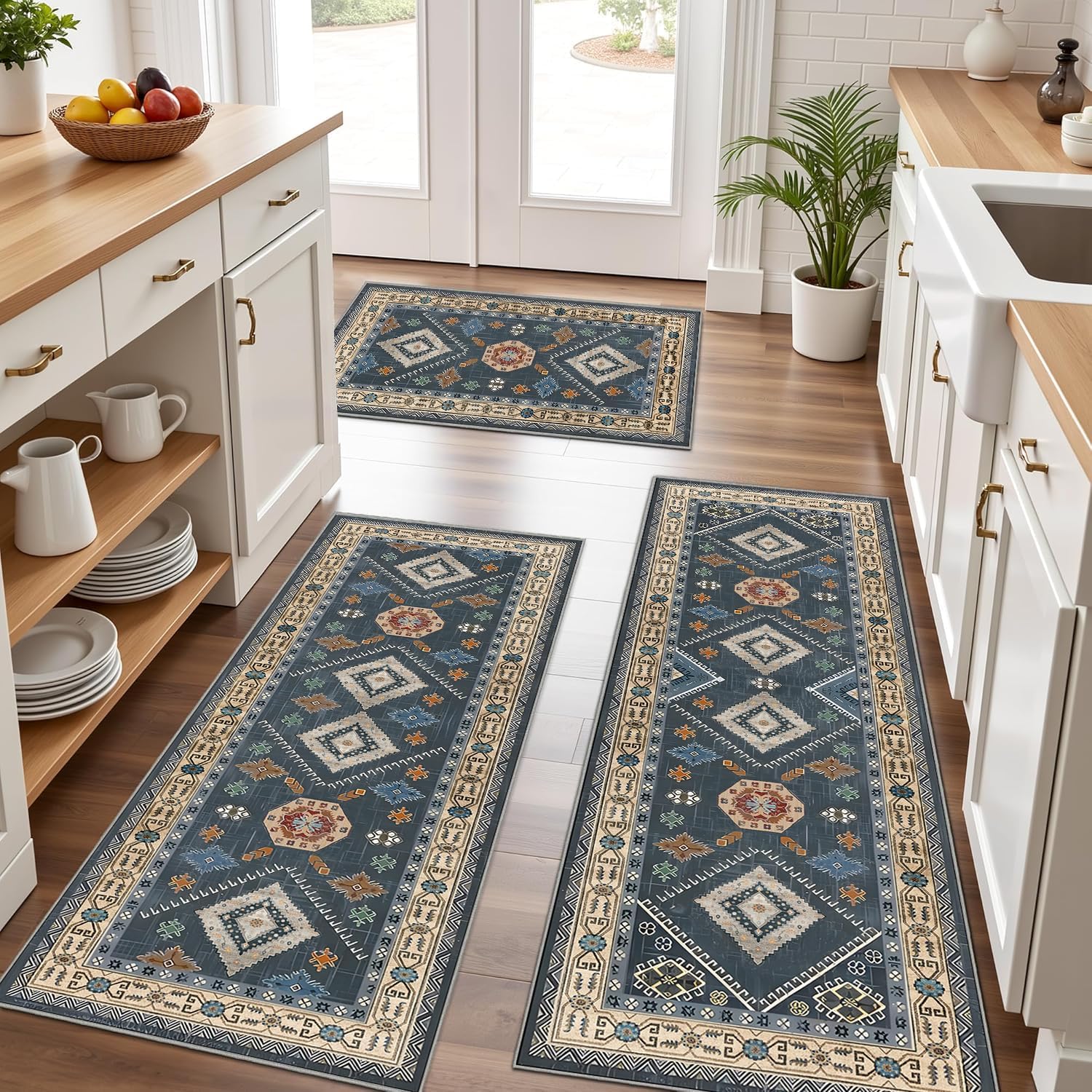 Non Slip Kitchen Rugs Sets of 3 Washable Boho Kitchen Mats for Floor Vintage Farmhouse Kitchen Rug Soft Runner Rug for Hallway, Laundry Room, Indoor Entryway