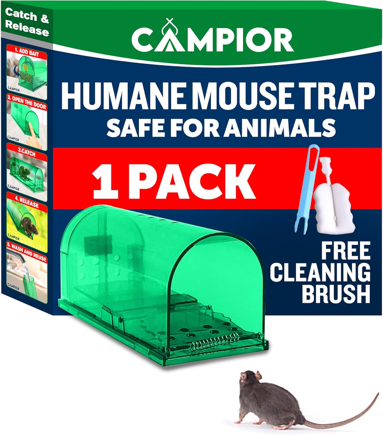 Humane Mouse Trap for House – Large, No-Kill Mouse Traps Indoor for Home, Catch-and-Release Rat and Mouse Trap, Child & Pet Safe, Easy to Clean, No-Touch Release, Pack of 1, Green Green 1 Pack