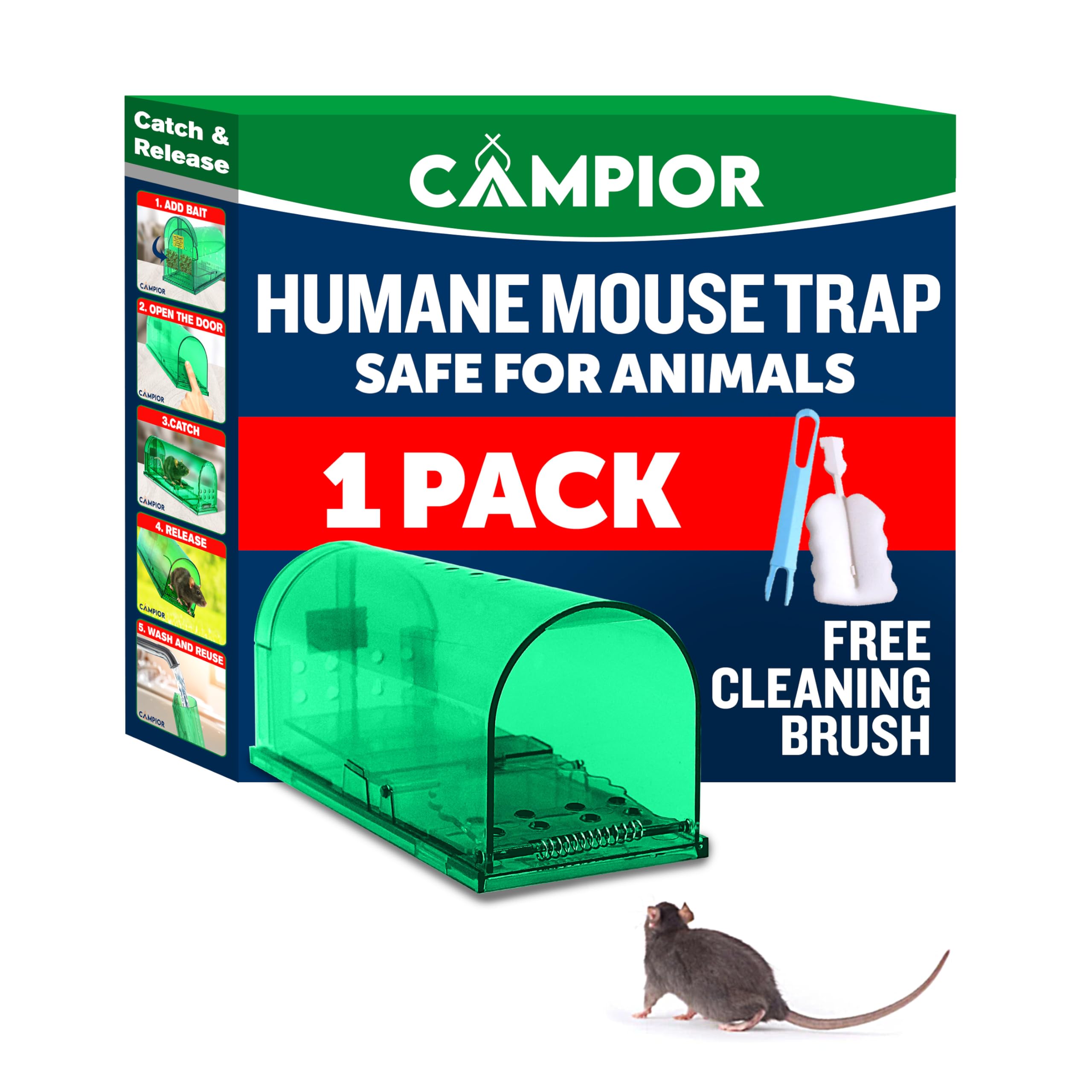 Humane Mouse Trap for House – Large, No-Kill Mouse Traps Indoor for Home, Catch-and-Release Rat and Mouse Trap, Child & Pet Safe, Easy to Clean, No-Touch Release, Pack of 1, Green