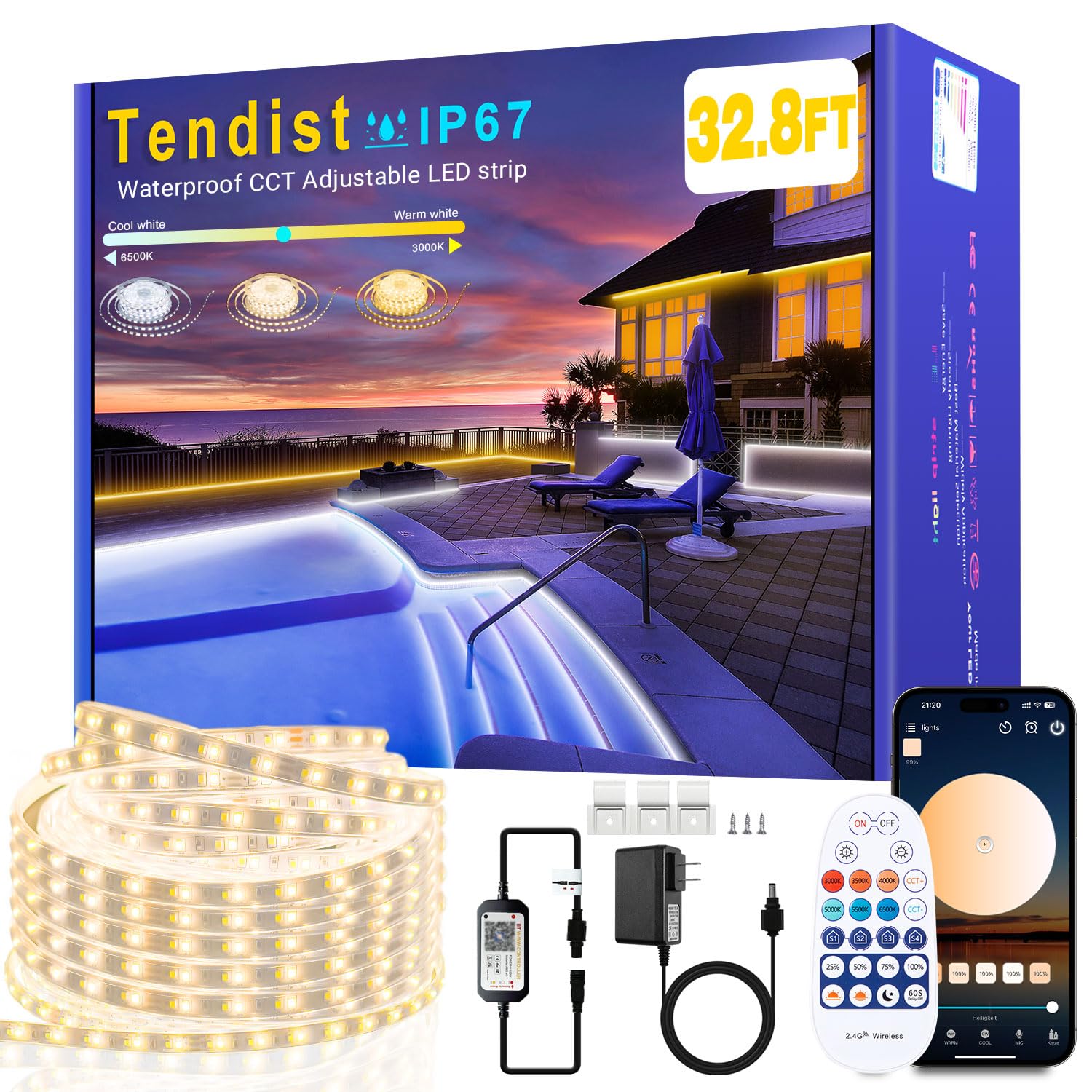 Striscia LED per esterni, dimmerabile, da bianco caldo a bianco freddo, compatibile con Alexa, app WiFi e telecomando, 24 V, IP67, impermeabile, autoadesiva, per cucina, terrazze (30 m)