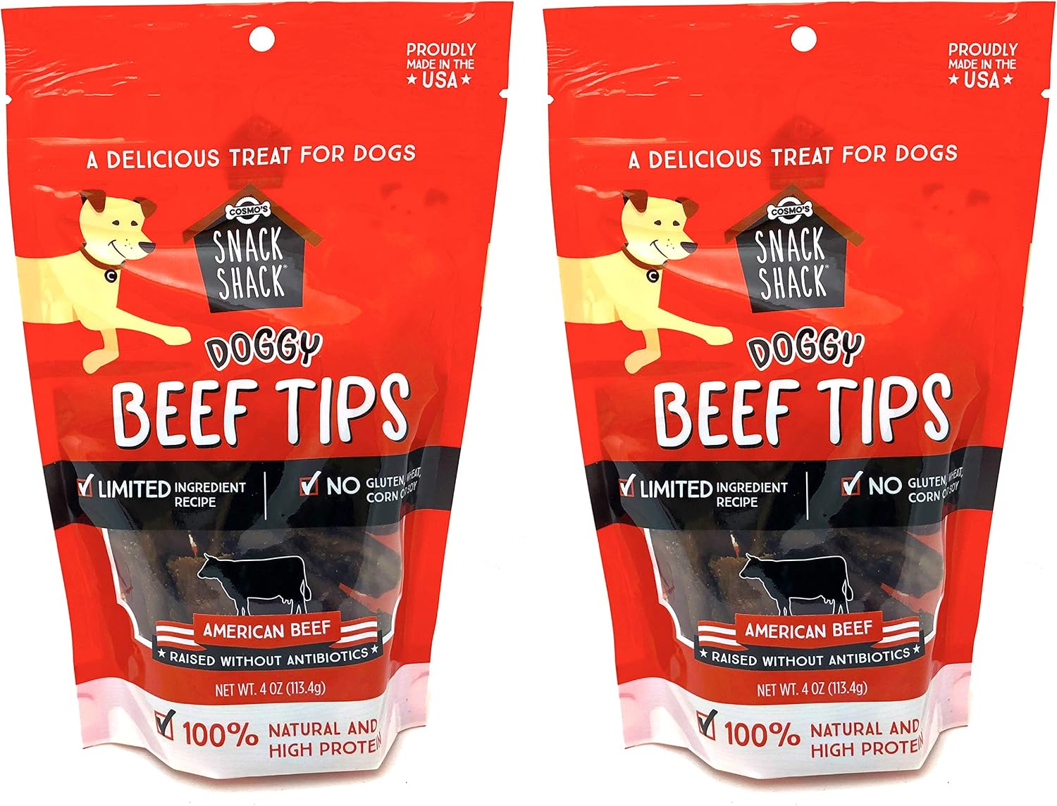 Cosmo’s Snack Shack Dog Beef Tips Treats for Dogs - American Beef, No Gluten, Wheat, Corn or Soy - Pack of 2 Dog Treats