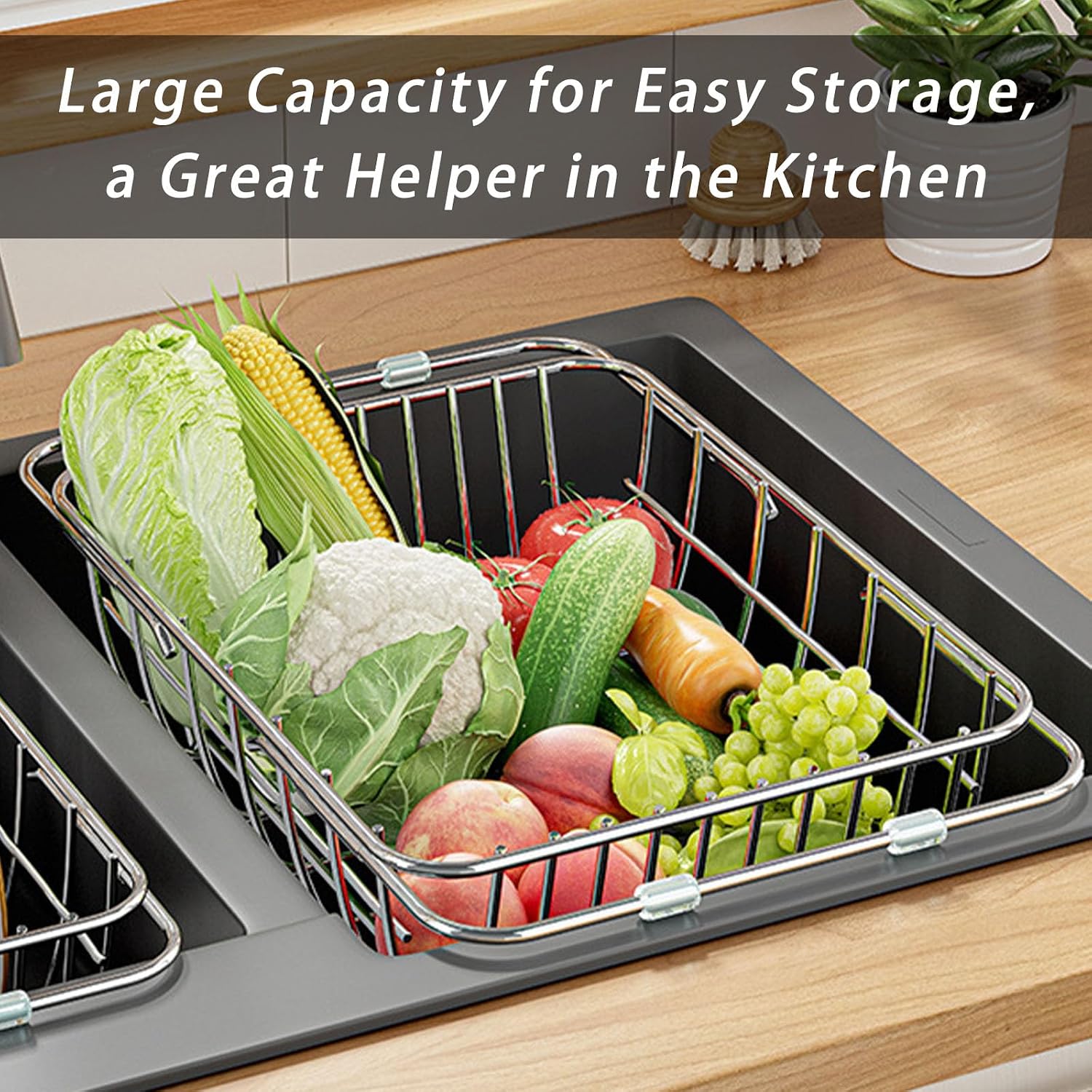 Drain Rack for Dishes Inside/Outside Sink-Expandable Stainless Steel Structure, Rubber Primer Protection, Space-Saving Kitchen Storage Tool. (Middle)