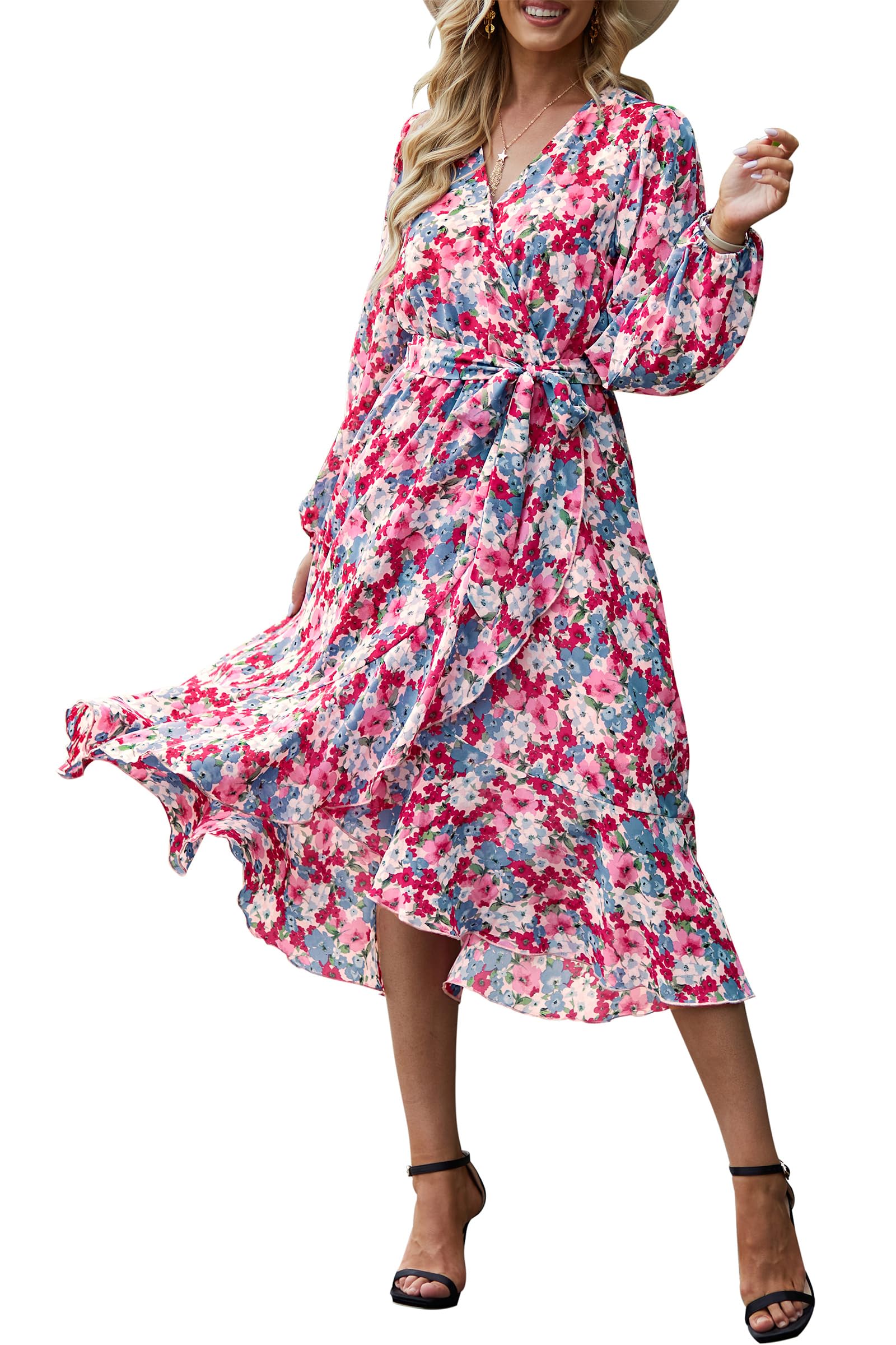 Prettygarden Womens Floral Print Boho Dress Long Sleeve Wrap V