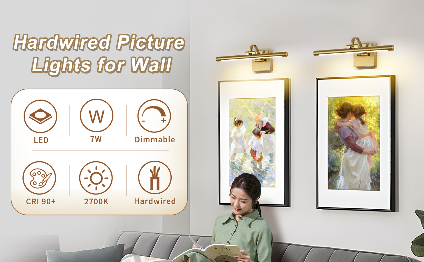 Image of DESOOP Brass Picture Lights for wall Hard-Wired LED Picture Lighting Dimmable Art Light Gallery Lighting for Wall Portraits Artwork 15.75 inch 7W Warm White (Pack of 2)