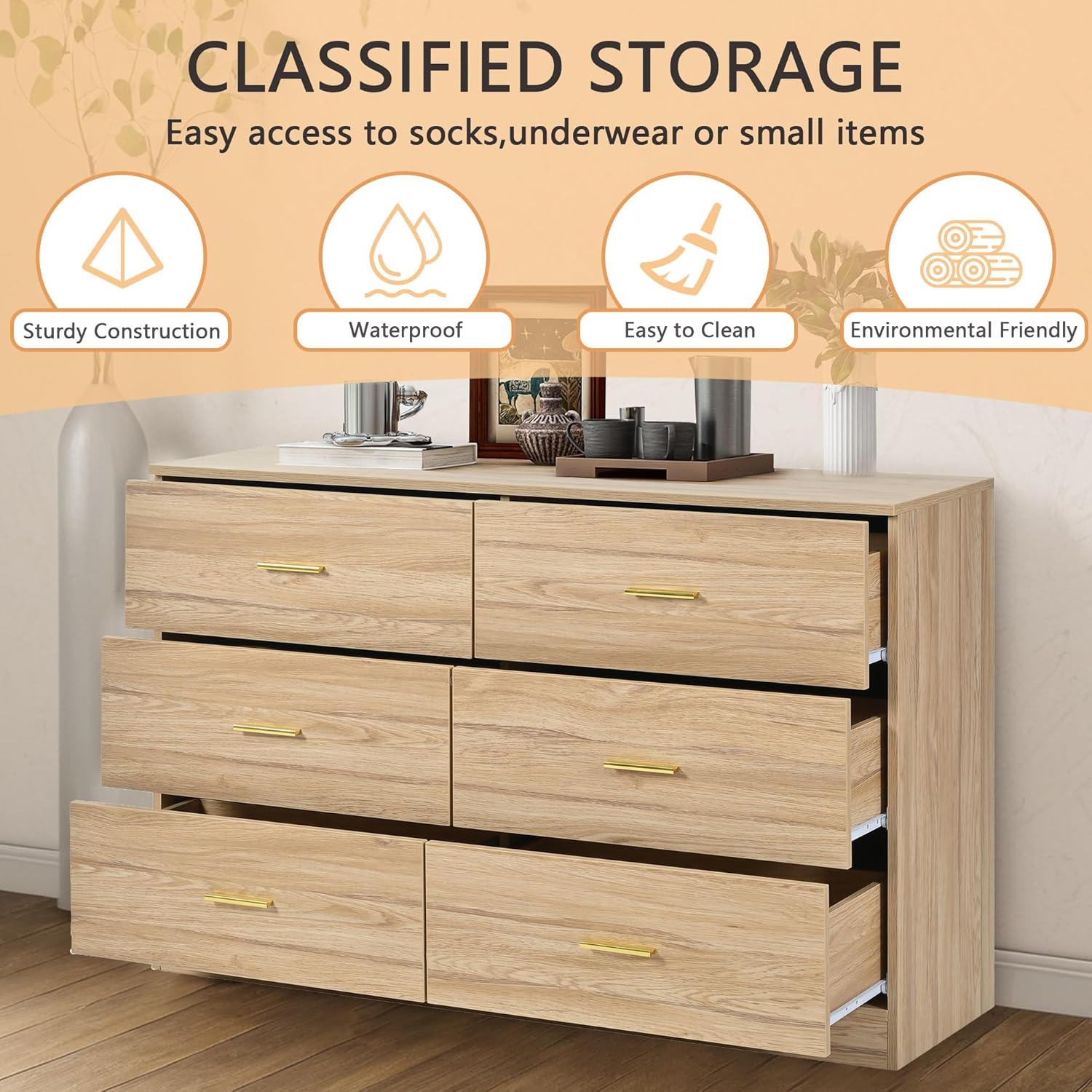 Vibe & Dine 6 Drawer Dresser, Wooden Dresser for Bedroom with Gold Handles, Modern Wide Chest of Drawers with Sturdy Frame for Living Room