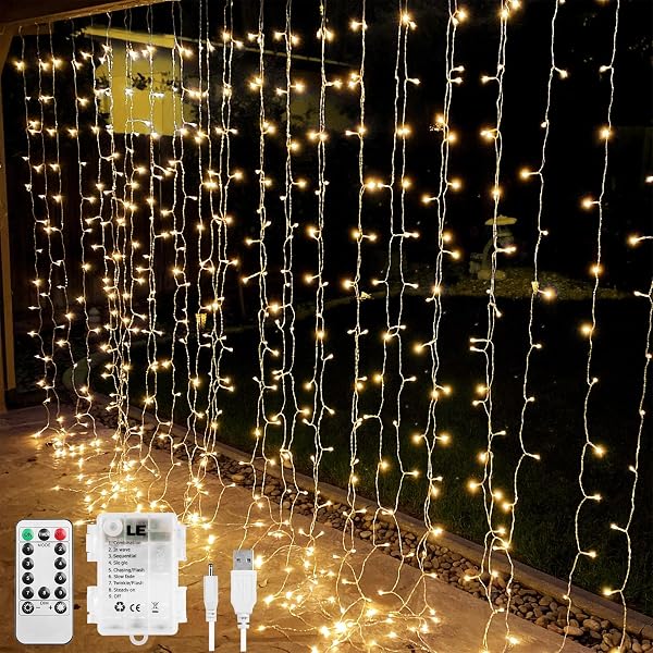 LE Fairy Curtain Lights Battery Operated & USB Plug in, Remote 10 x 10 ft Hanging String Lights for Bedroom Wall, 300 LE