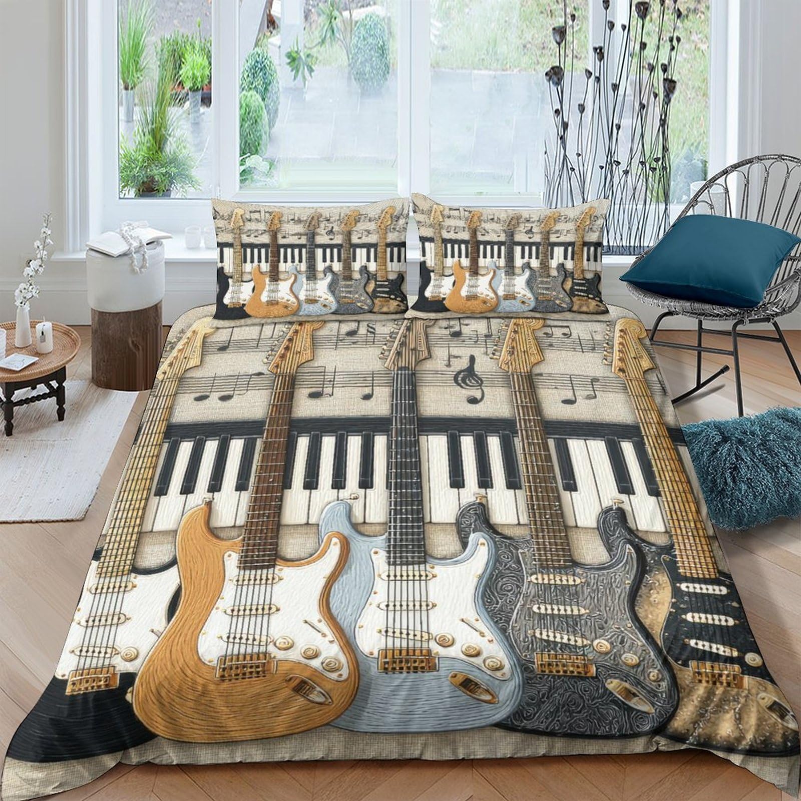 TUFRTGYHN 3D Printed Musical Instrument Duvet Cover Microfiber Soft Breathable Piano Guitar Bedding Set with 2 Pillowcases for Bedroom Decor Single（135x200cm）
