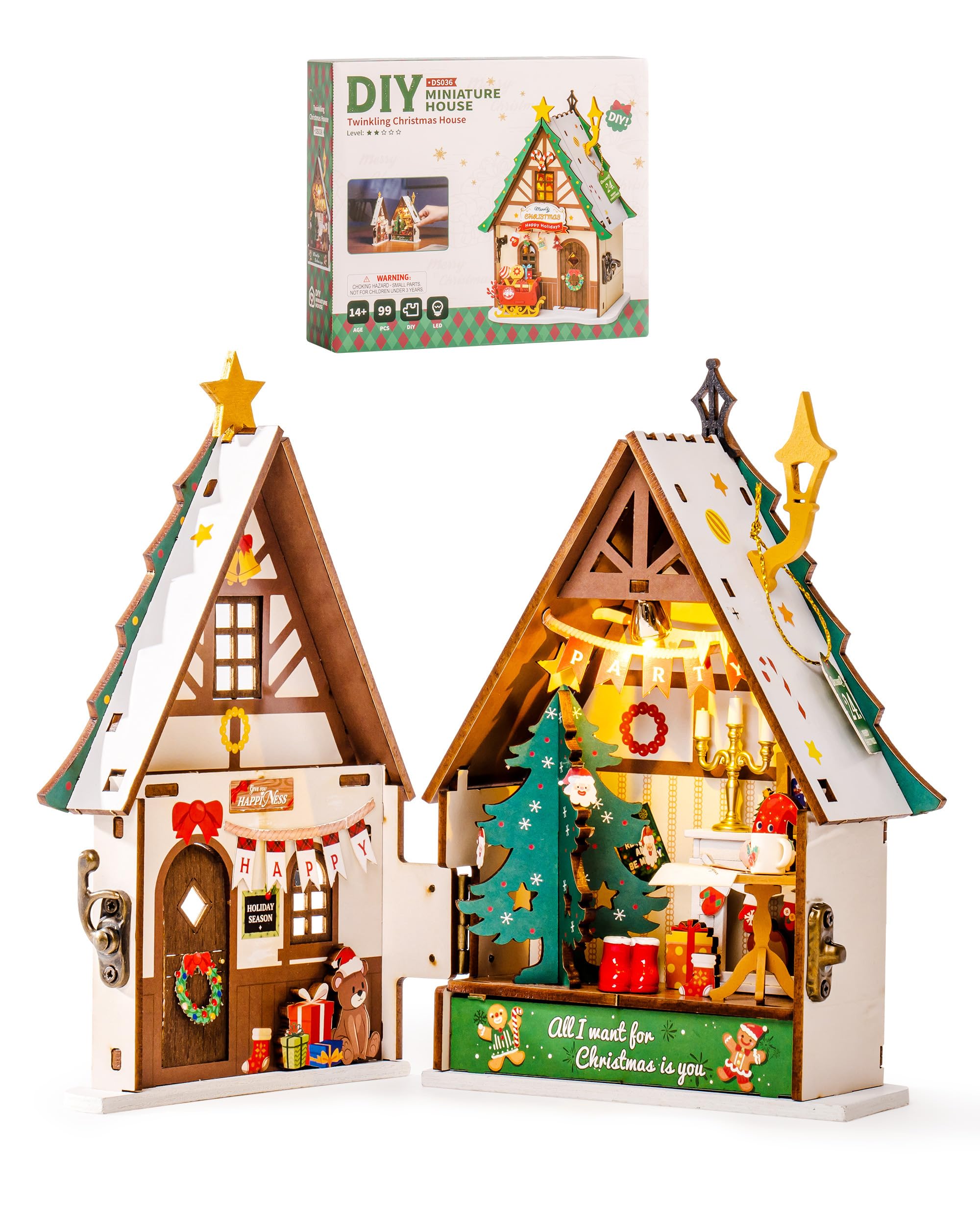 Rowood Miniature House Kit Christmas,Miniature Dollhouse Kits for Adults,Mini House Toy Building Kit,Craft Kits for Women Girls on Christmas-Twinkling Christmas House