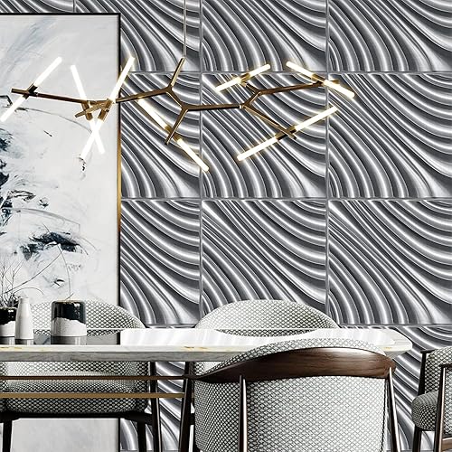 Miniatura 4 de STICKGOO Paneles de pared 3D ondulados para despegar y pegar, paneles de revestimiento de pared de color plateado cepillado para decoración de pared