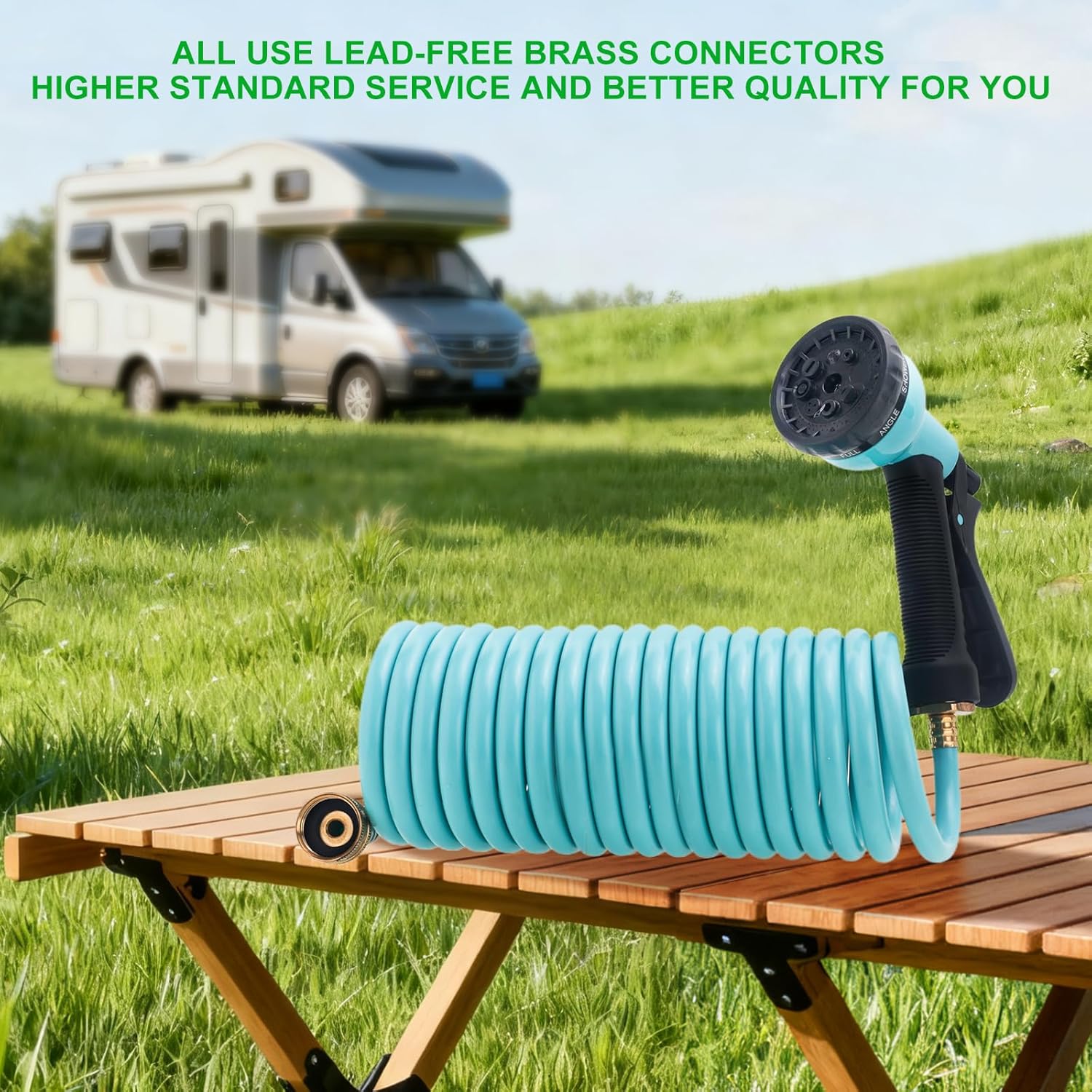 [Blue and green are shipped randomly.]RV External Shower, 3/8 in by 15-Foot Coil Hose with 1/2 Inch Quick Connect Adapter for RV Outdoor Shower, Boat Hose Coil, 3/4 Inch Fittings (With Sprayer)