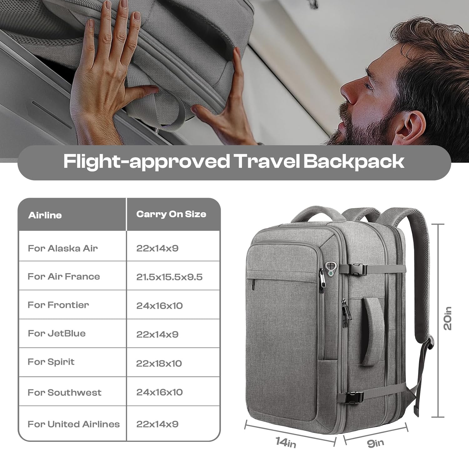 Travel Laptop Backpack, Extra Large 40L-50L Backpack, Laptop Backpack for Men, Water Resistant TSA Airline Approved Business Work 17.3 Computer Bag, Grey