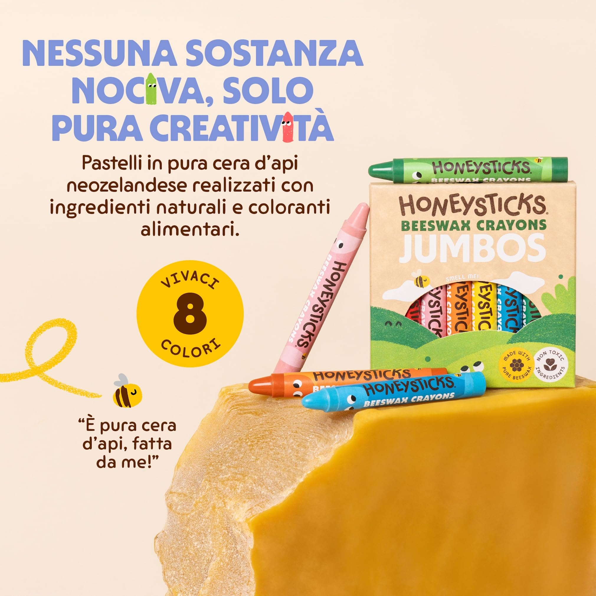 Honeysticks - Pastelli in 100% pura cera d’api (confezione da 8 pezzi, sottili). Naturali, atossici e sicuri per bambini di ogni età. Fatti a mano in Nuova Zelanda.