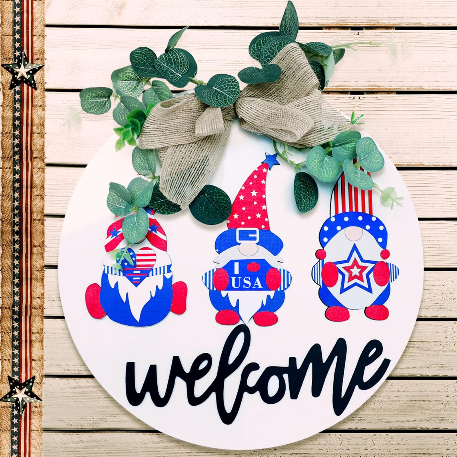 4th of July Decorations Welcome Sign for Front Door, Patriotic Wood Wreath Sign with Gnomes Eucalyptus, Independence Day Round Hanging Sign for Memorial Day Home Party Window Wall Decor