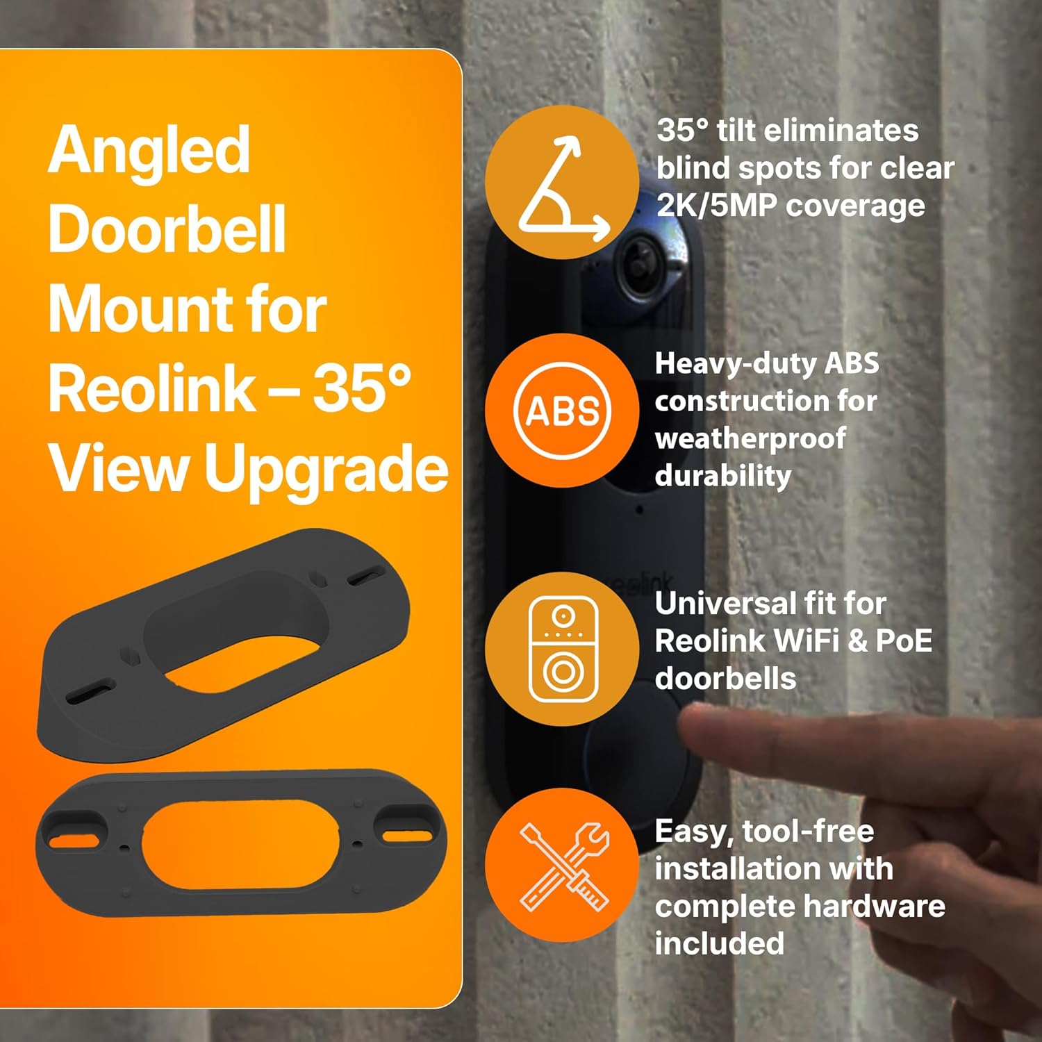 SplashNColor Angled Doorbell Mount Compatible with Reolink Video Doorbell Camera 2K 5MP – Heavy Duty ABS Reolink Mount for Secure Installation – Adjustable 35-Degree Angle for Optimal Viewing – Black