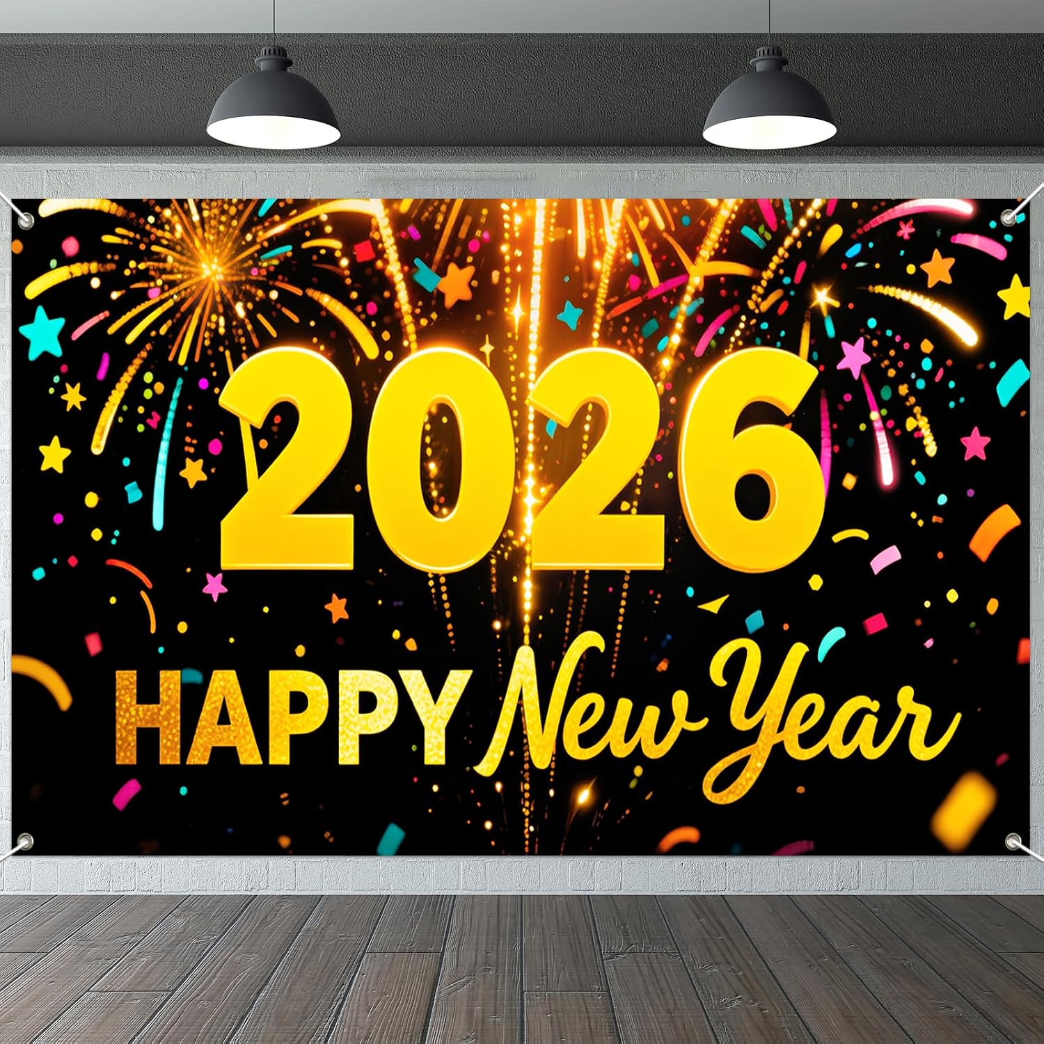 IVN New Year Party Banner 71x43 Inch Gold 2026 Numbers with Fireworks ...