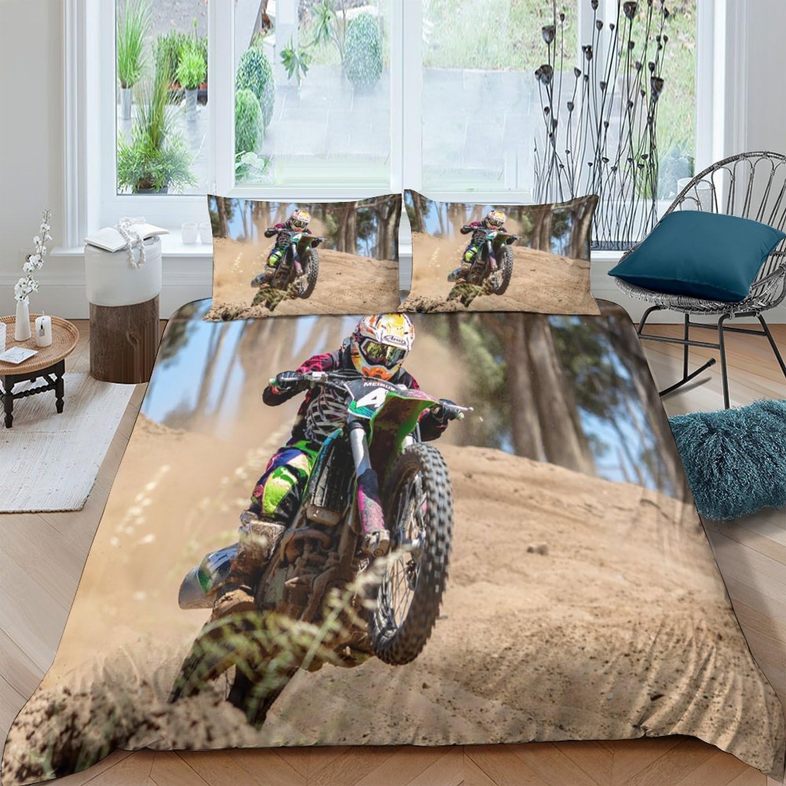 GPLZQXKJNH 3D Printed Motocross Racing Duvet Cover Microfiber Soft Breathable Dirt Bike Bedding Set with 2 Pillowcases for Bedroom Decor, Single（135x200cm）