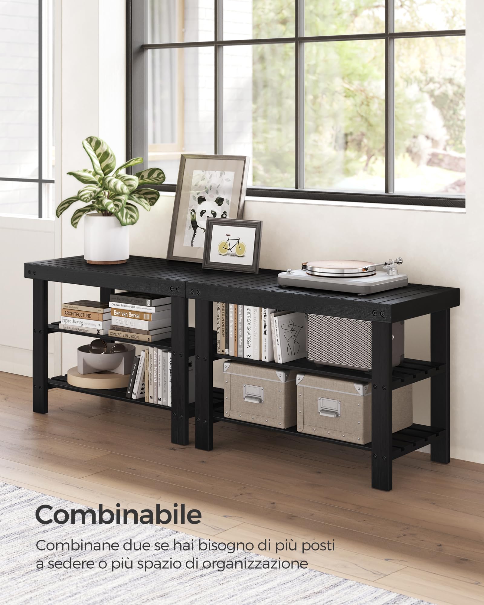 SONGMICS Portascarpe, Scarpiera in bambù a 3 Livelli, Panca per Corridoio, può Contenere Fino a 130 kg, 28,7 x 70,1 x 45,3 cm, per Ingresso, Bagno, Camera da Letto, Nero LBS04H, 70L cm