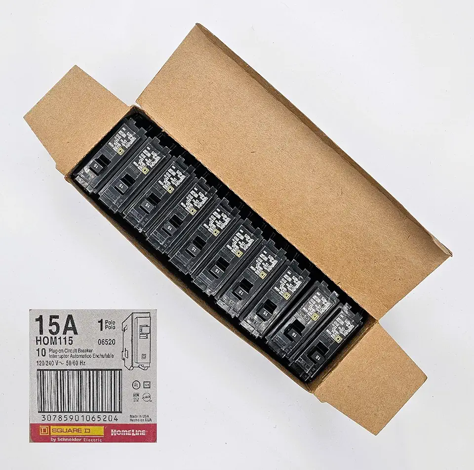 Square D HOM115 Circuit Breaker, 10 Pack, Homeline, 15 Amps, 120 Volts, UL Listed, 1 Pole, 10kA AIR, Standard Type, Plug in, Qty 10