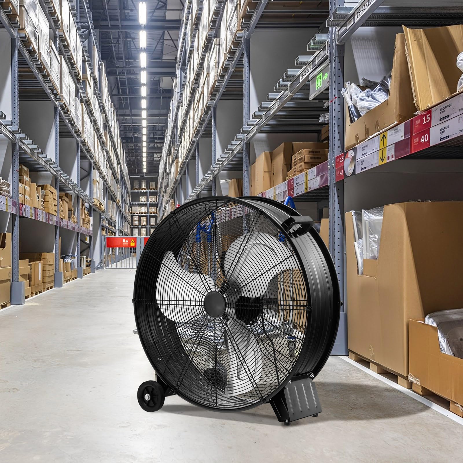 RELAX4LIFE Ventilateur de Sol Industriel 60CM 180W, Ventilateur à Tambour 3 Vitesses Réglables, Mobile à Poignée et Roulettes, Fort Débit d'Air pour Garage, Usine, Magasin (Noir)
