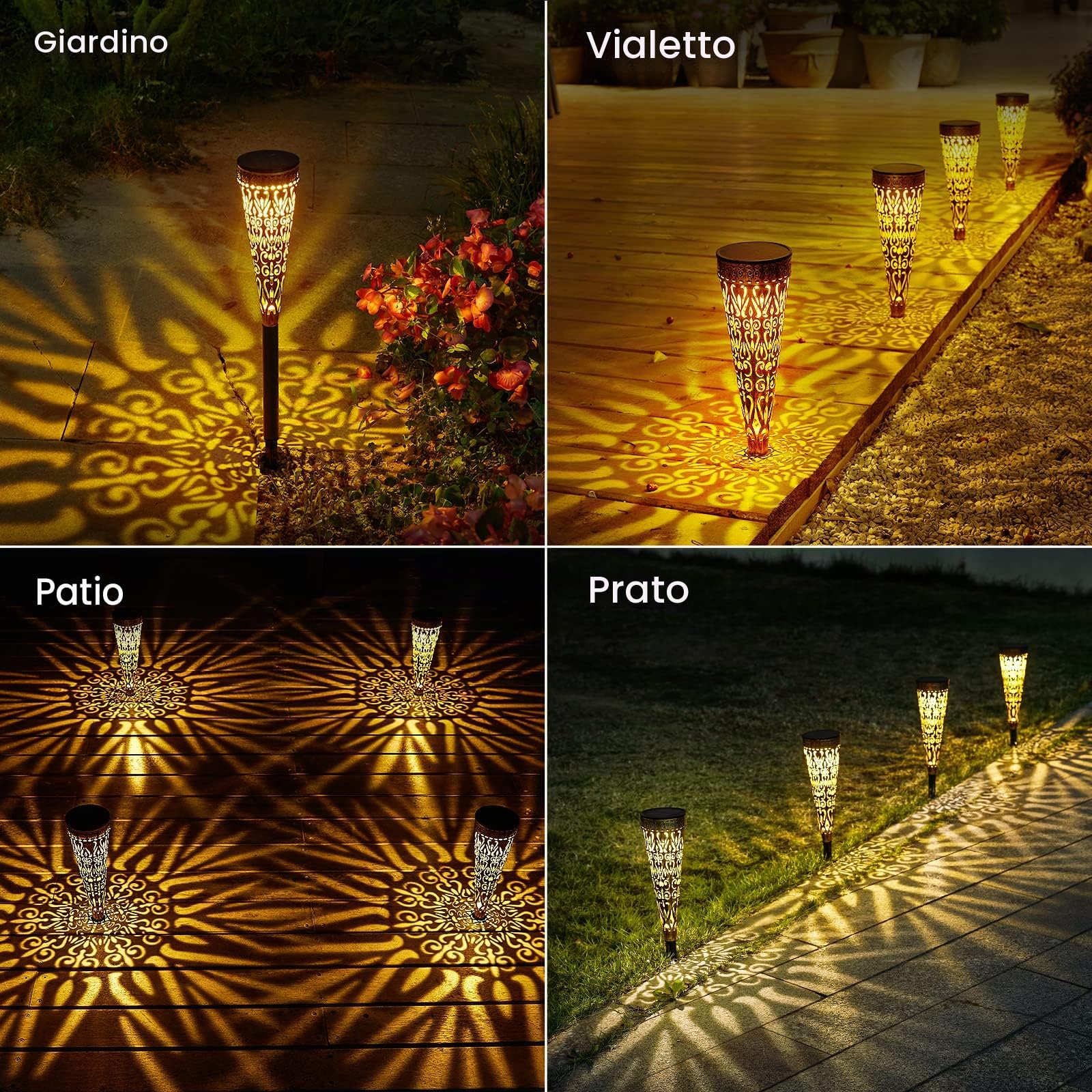 GEARLTIE - Lampade solari per esterni, 4 pezzi, 800 mAh, luci solari per esterni, con LED caldo/bianco, IP65, resistente alle intemperie, balcone, decorazione da giardino, in metallo, lanterne solari