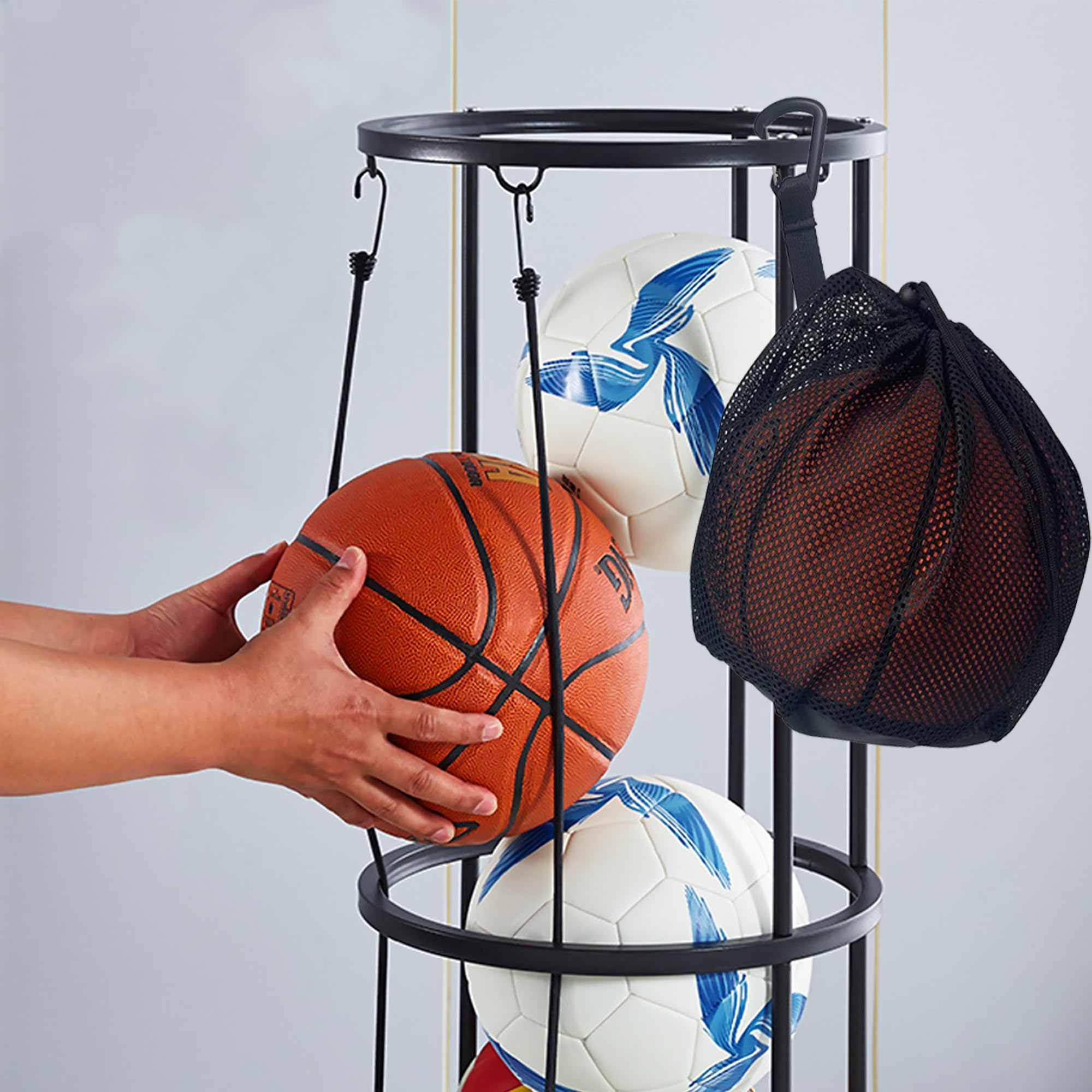 Shiawase 3 Tier Ballständer mit Rollen Sparende Abnehmbare Stehend Ballhalter mit Netto, Ball Aufbewahrungsregal, Garage Ball Aufbewahrung Sports Storage für Volleyball, Basketball, Fußball
