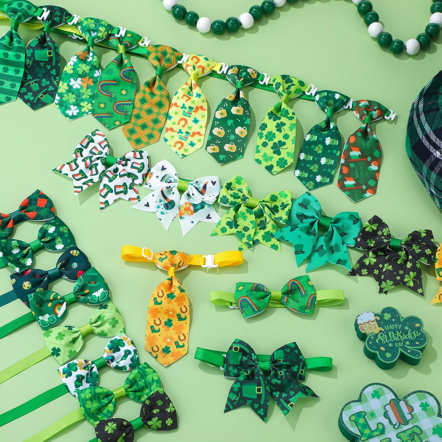 Reginary 100 Pieces St. Patrick's Day Dog Bow Tie Collar Set Include 40 Dog Neckties, and 30 Puppy Bowties, 30 Collar Flowers, Adjustable Pet Grooming for Small Medium Cats Pets Supply