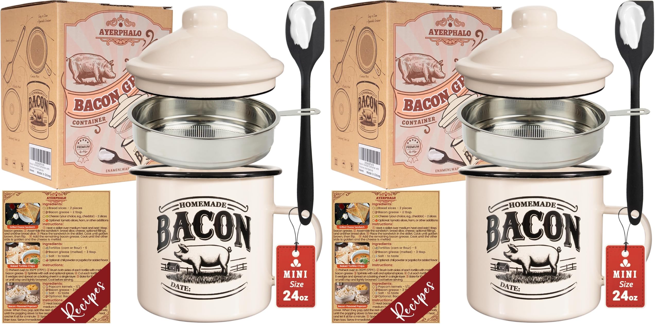 Ayerphalo Bacon Grease Container with Strainer - With Food-Grade Silicone Spatula, 24oz Enamel Rustic Farmhouse Fat Container, Keeper, Recipes, Dishwasher Safe (Pack of 2)
